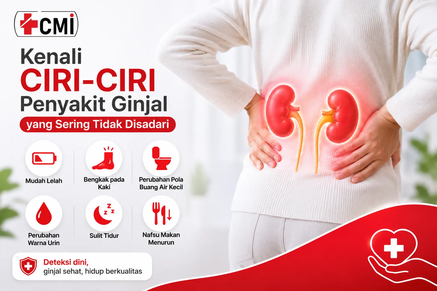 Ciri-ciri penyakit ginjal yang sering tidak disadari seperti mudah lelah, pembengkakan kaki, perubahan urin, dan gangguan tidur.