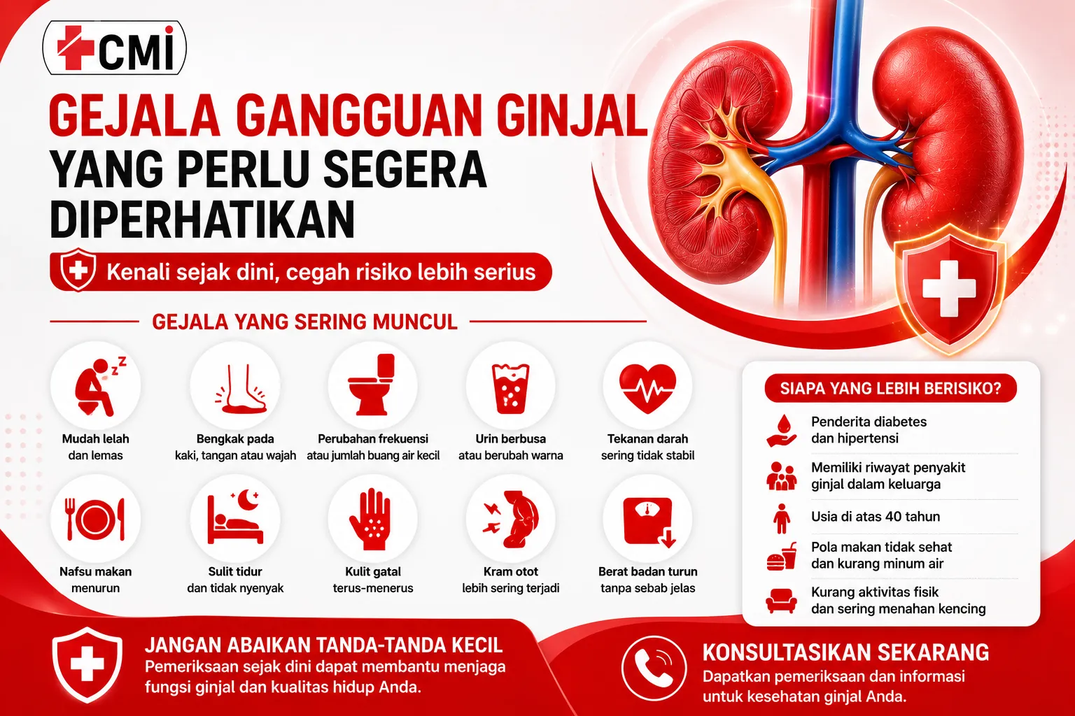 Gejala gangguan ginjal yang perlu segera diperhatikan seperti mudah lelah, pembengkakan tubuh, urin berbusa, dan perubahan frekuensi buang air kecil.