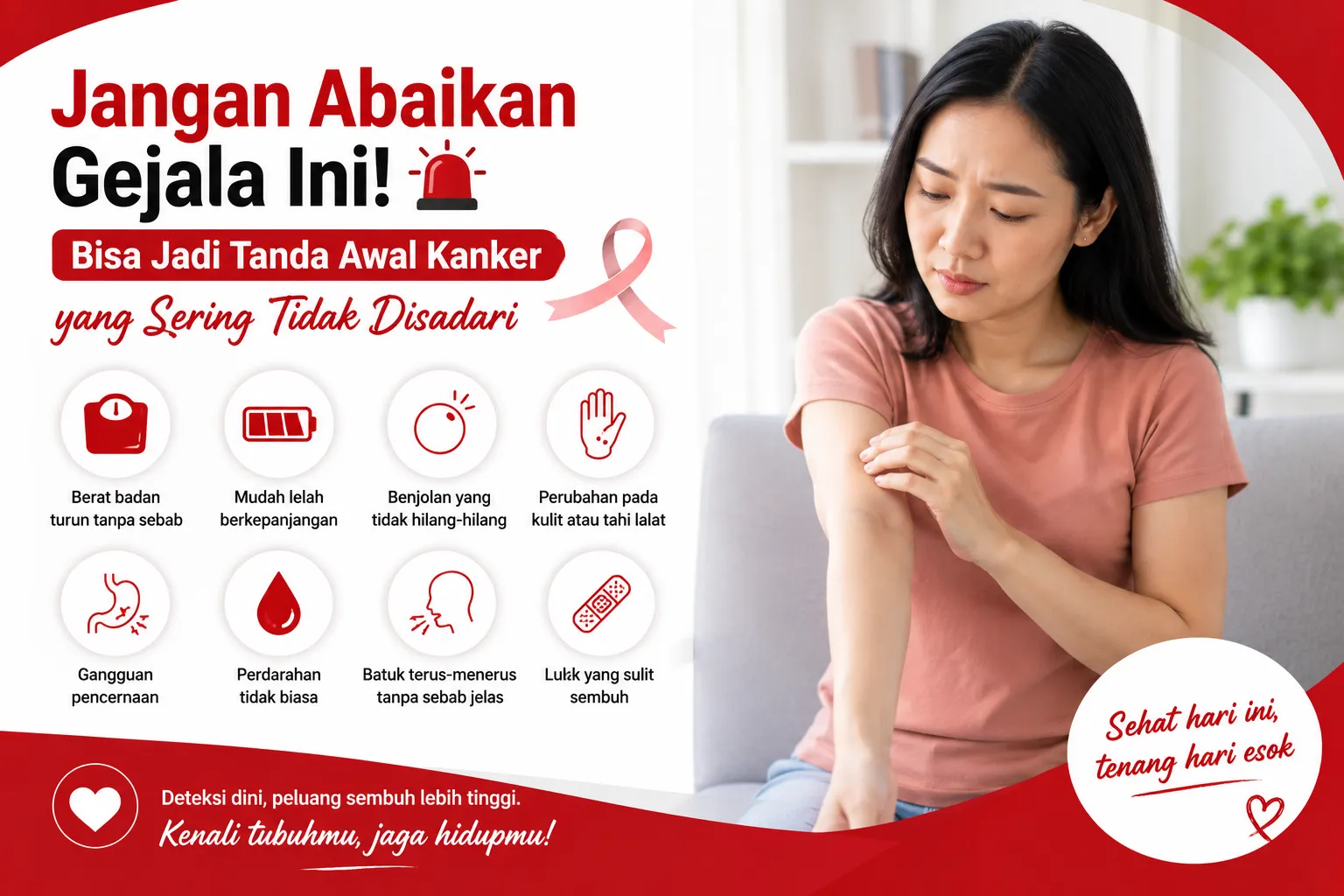 Jangan abaikan gejala ini, bisa jadi tanda awal kanker yang sering tidak disadari seperti benjolan, mudah lelah, penurunan berat badan, dan perubahan pada tubuh.