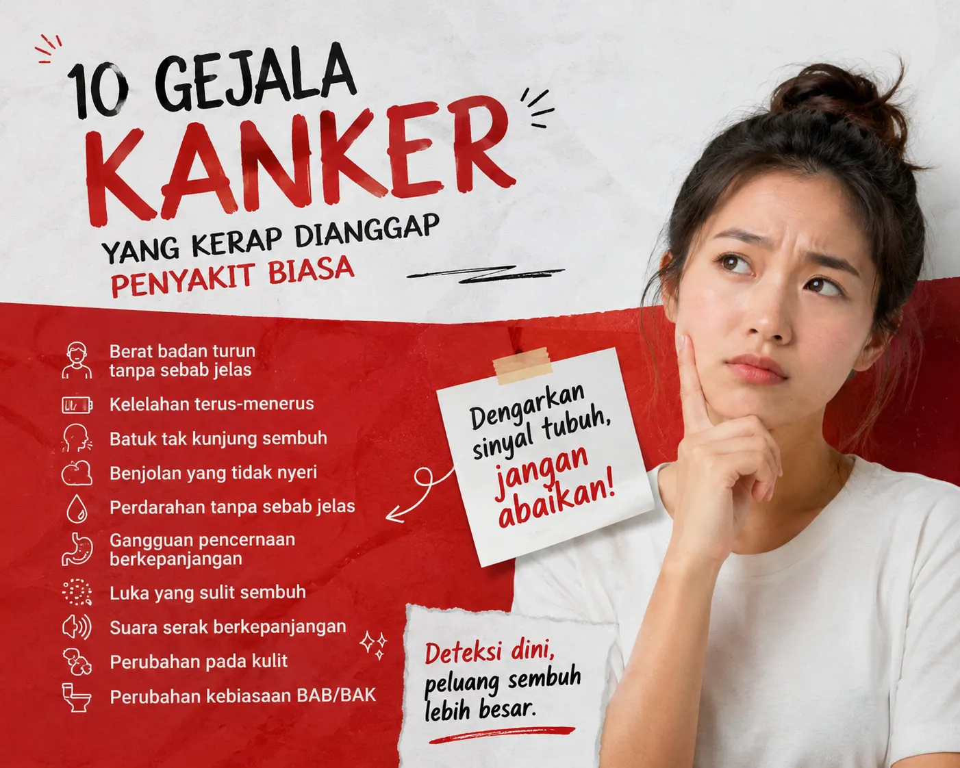 10 gejala kanker yang sering dianggap penyakit biasa seperti berat badan turun, batuk berkepanjangan, benjolan tanpa nyeri, dan kelelahan terus-menerus