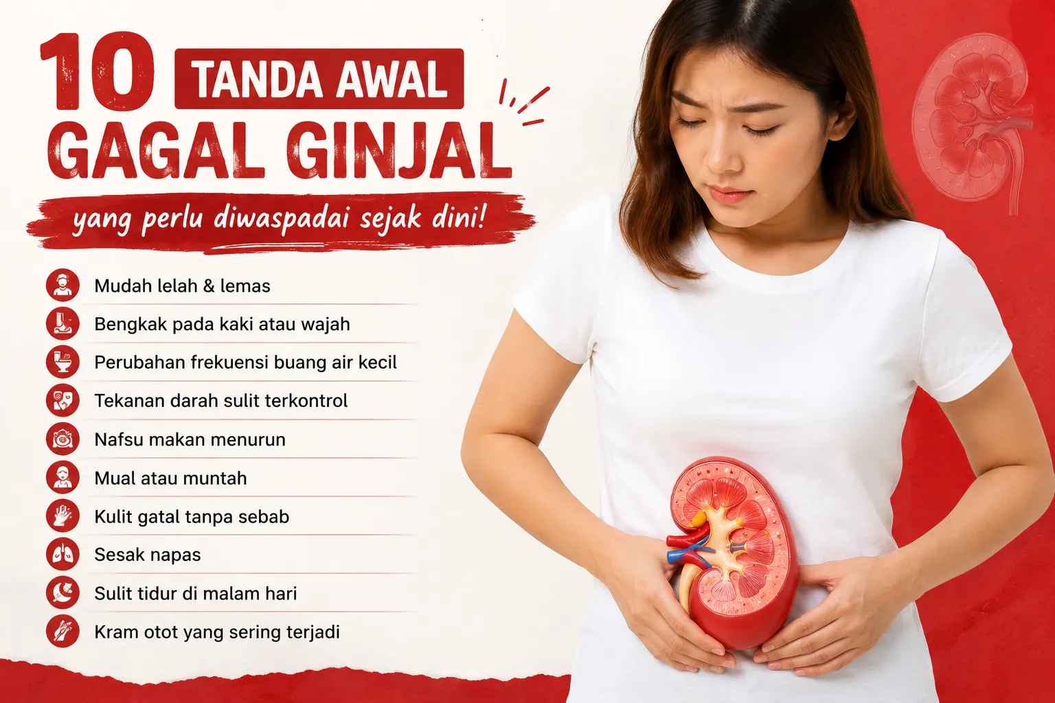 10 tanda awal gagal ginjal yang perlu diwaspadai sejak dini seperti mudah lelah, bengkak, perubahan urine, dan sesak napas