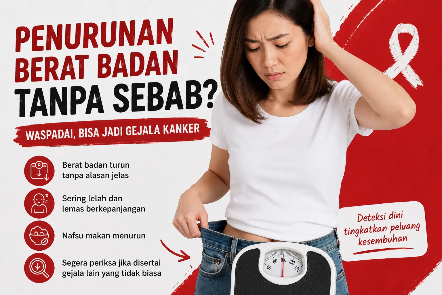 Penurunan berat badan tanpa sebab yang jelas dapat menjadi salah satu gejala kanker yang perlu diwaspadai dan diperiksakan sejak dini