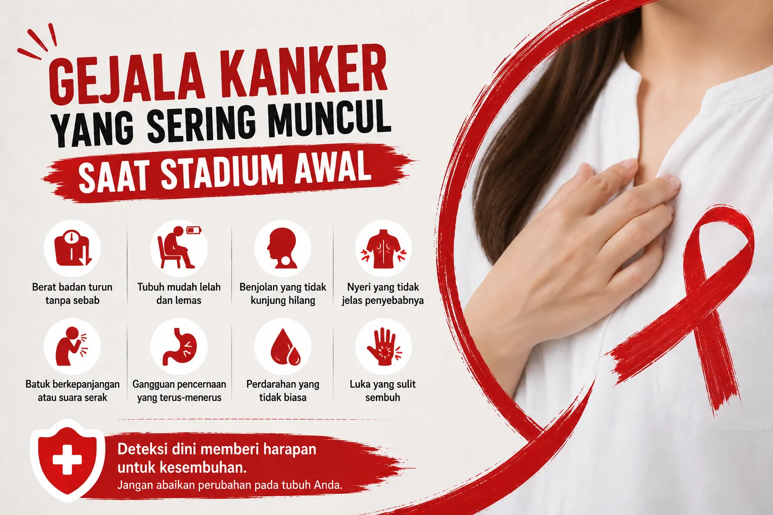 Gejala kanker yang sering muncul saat stadium awal seperti benjolan, penurunan berat badan, dan tubuh mudah lelah
