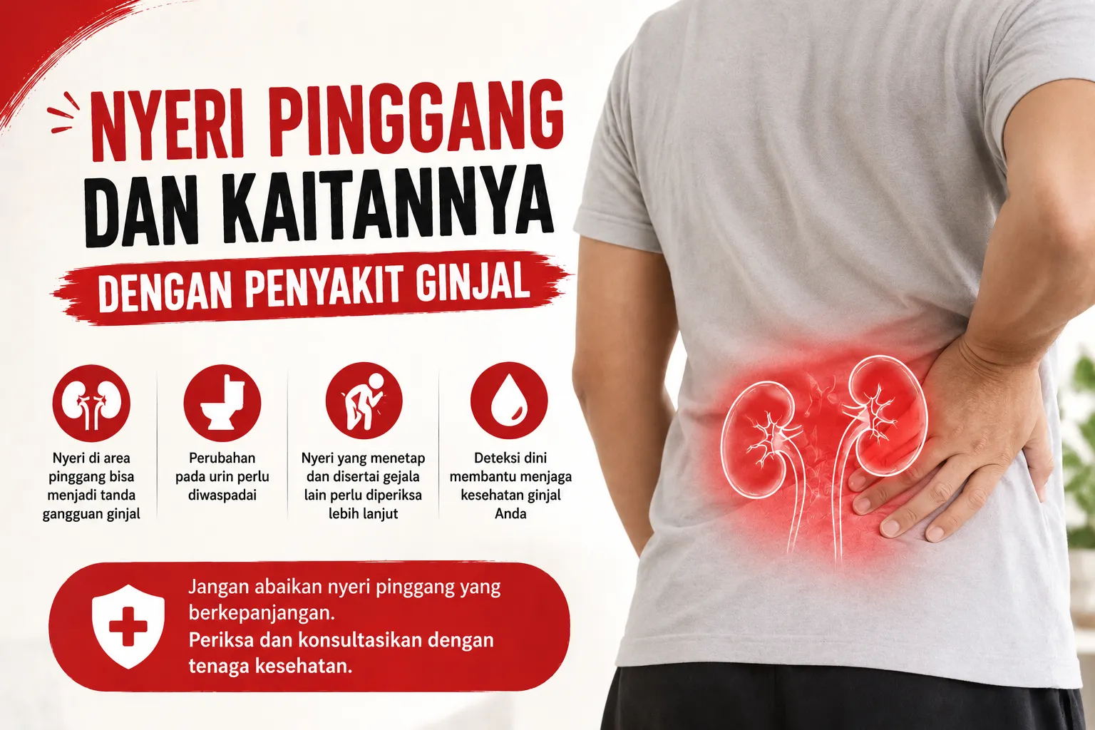 Nyeri pinggang dapat berkaitan dengan penyakit ginjal dan perlu dikenali bersama gejala lain seperti perubahan urin dan pembengkakan