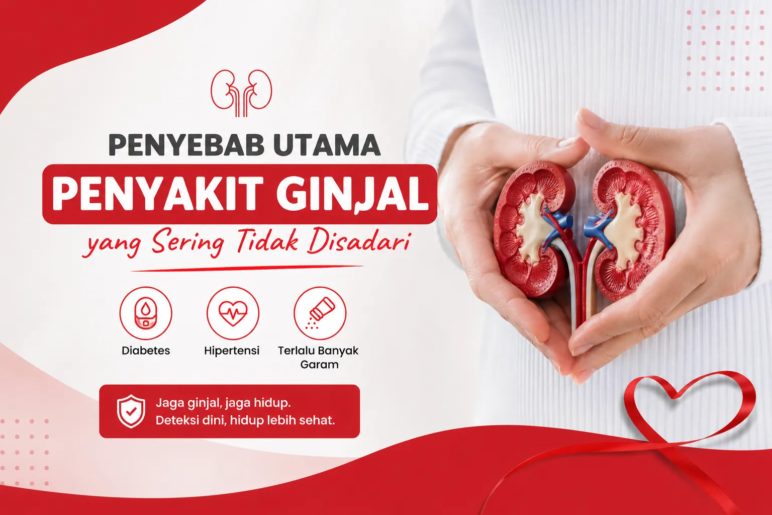 Penyebab utama penyakit ginjal yang sering tidak disadari, ilustrasi ginjal dipegang dengan tangan sebagai simbol pentingnya menjaga kesehatan ginjal, deteksi dini, dan pencegahan penyakit ginjal.