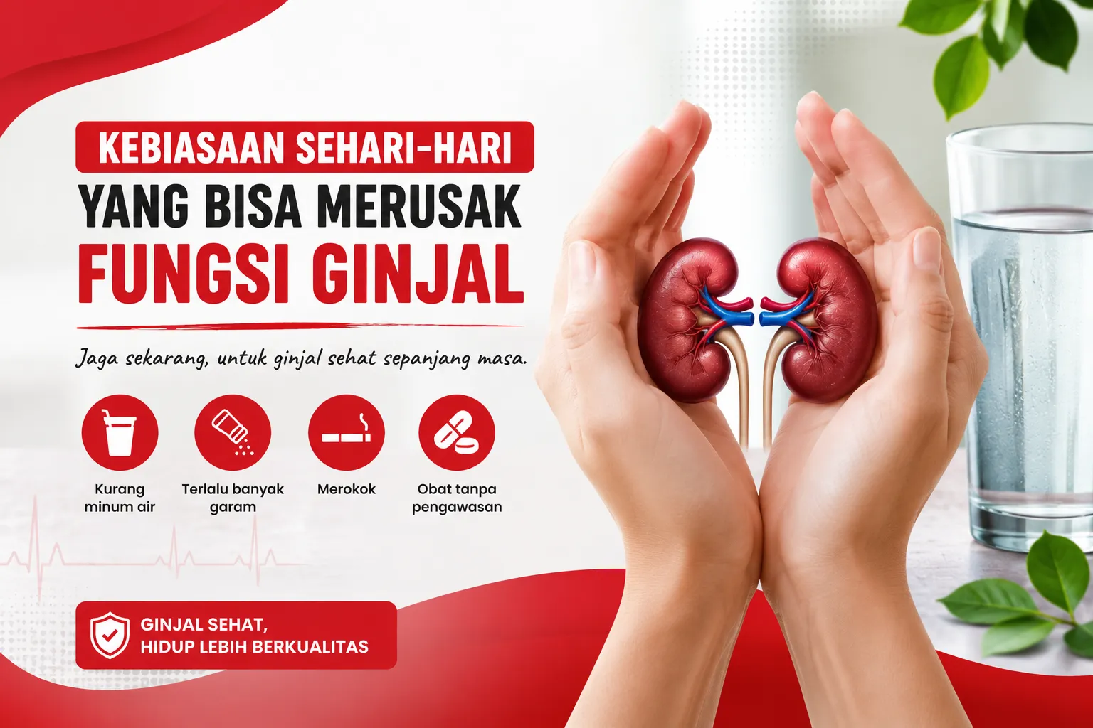 Ilustrasi kebiasaan sehari-hari yang dapat merusak fungsi ginjal, menampilkan organ ginjal sebagai simbol pentingnya menjaga kesehatan ginjal melalui pola hidup sehat.