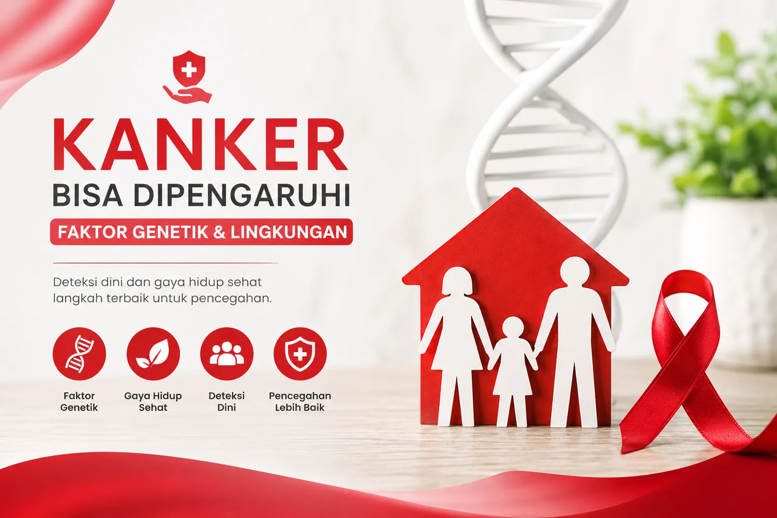 Ilustrasi hubungan faktor genetik dan lingkungan terhadap risiko kanker dengan simbol DNA, keluarga, dan pita kesadaran sebagai edukasi pentingnya deteksi dini kanker.