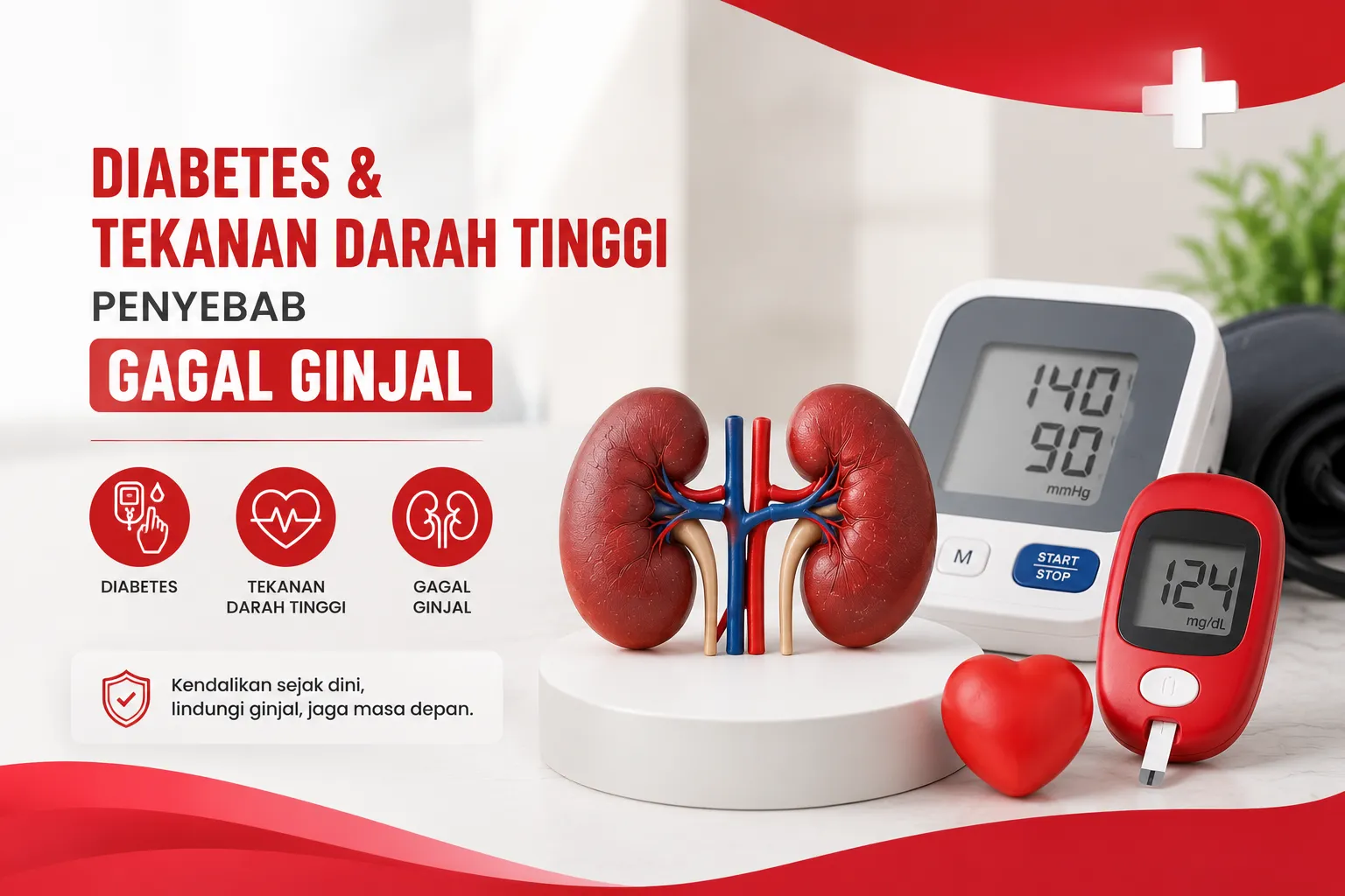 Ilustrasi diabetes dan tekanan darah tinggi sebagai penyebab gagal ginjal, menampilkan organ ginjal, alat pengukur tekanan darah, dan alat cek gula darah sebagai simbol pentingnya menjaga kesehatan ginjal.