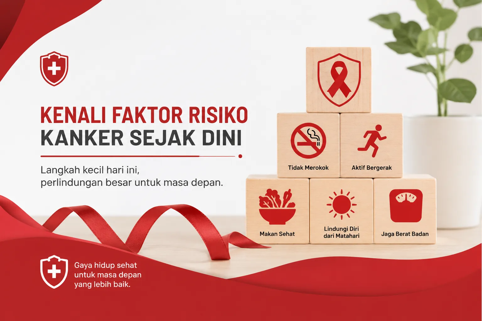 Ilustrasi faktor risiko kanker sejak usia muda dengan simbol pita kesadaran merah, gaya hidup sehat, dan kebiasaan pencegahan kanker sebagai edukasi deteksi dini.