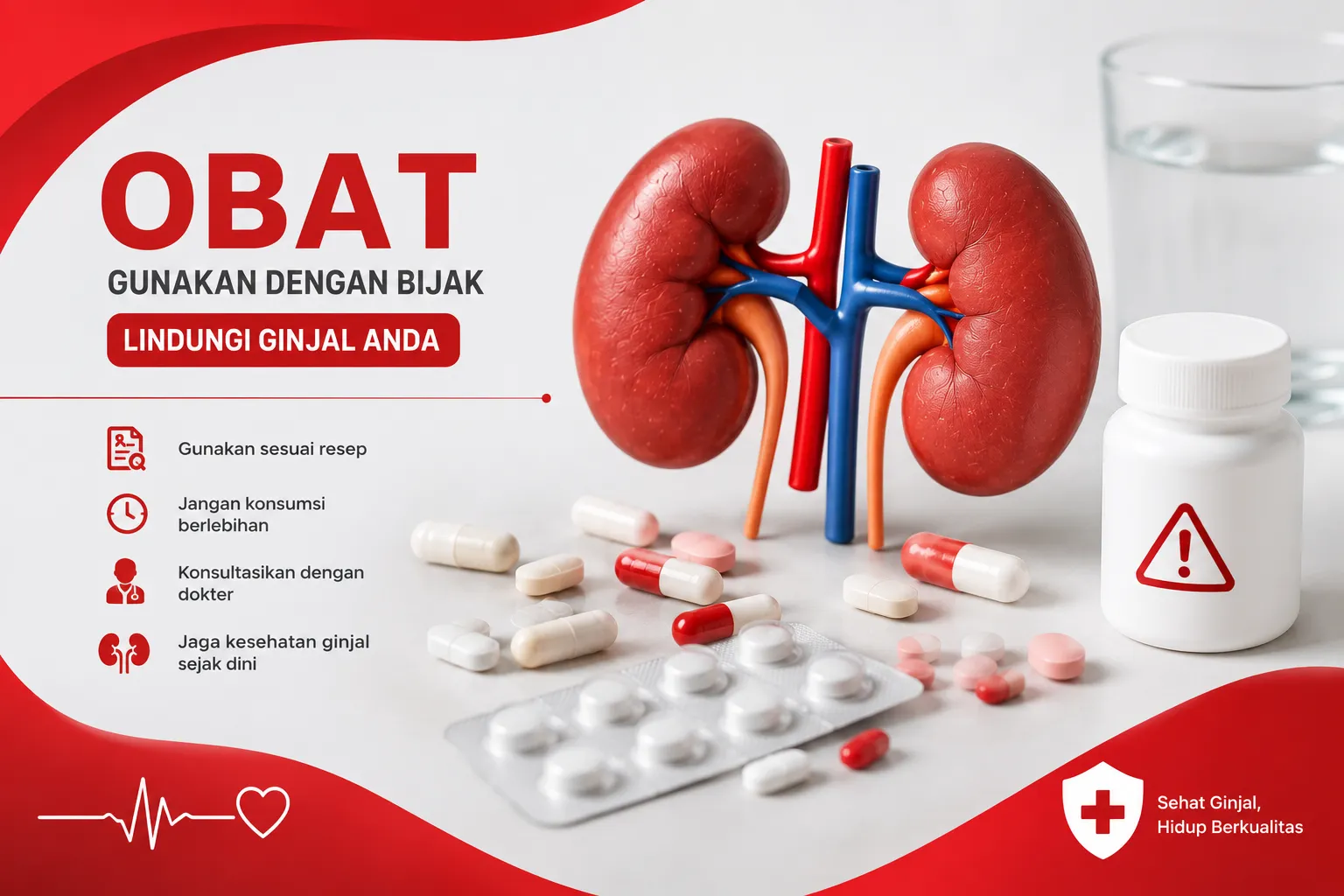 Ilustrasi konsumsi obat yang dapat memengaruhi fungsi ginjal, menampilkan organ ginjal, obat-obatan, dan simbol penggunaan obat yang bijak untuk menjaga kesehatan ginjal.