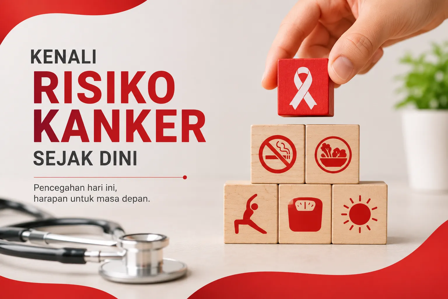 Ilustrasi peningkatan kasus kanker dengan simbol pita kesadaran, gaya hidup, dan faktor risiko sebagai edukasi pentingnya pencegahan serta deteksi dini kanker.