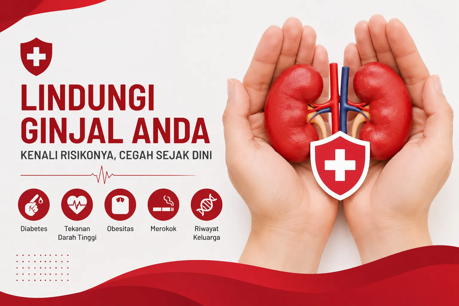 Ilustrasi faktor risiko penyakit ginjal dengan organ ginjal, simbol perlindungan kesehatan, dan faktor risiko seperti diabetes serta tekanan darah tinggi sebagai edukasi menjaga fungsi ginjal.