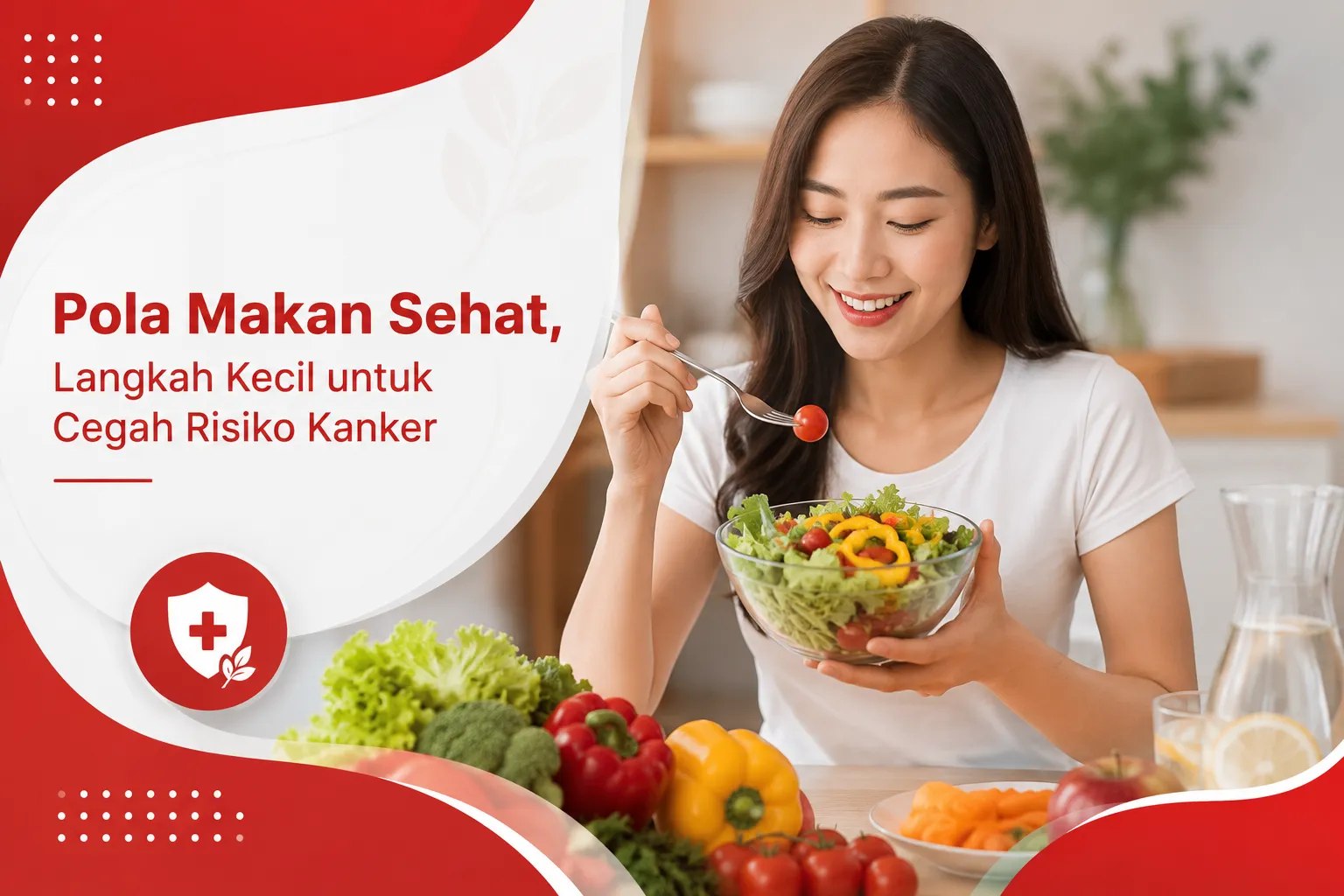 Ilustrasi wanita menerapkan pola makan sehat dengan konsumsi buah dan sayuran segar sebagai upaya membantu mengurangi risiko kanker dan menjaga kesehatan tubuh.
