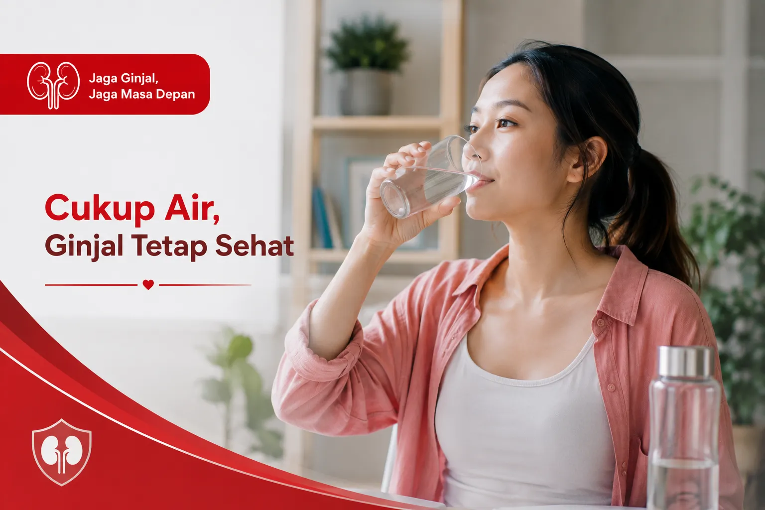 Ilustrasi wanita sedang minum air putih sebagai upaya menjaga kesehatan ginjal dan mencegah risiko kerusakan ginjal akibat kurang minum air.