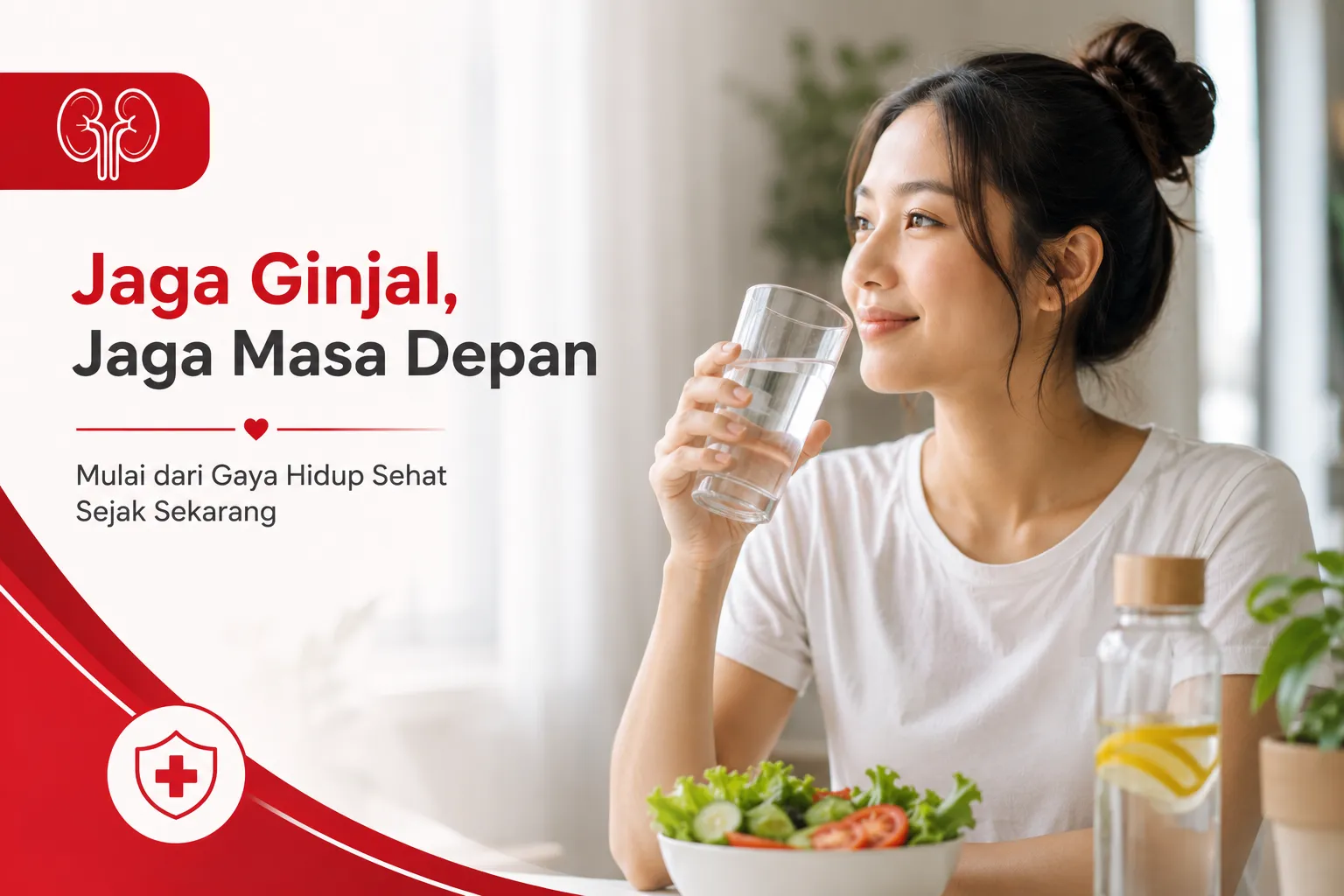 Ilustrasi wanita muda menjalani gaya hidup sehat untuk mencegah risiko gagal ginjal dan menjaga kesehatan ginjal sejak usia produktif.