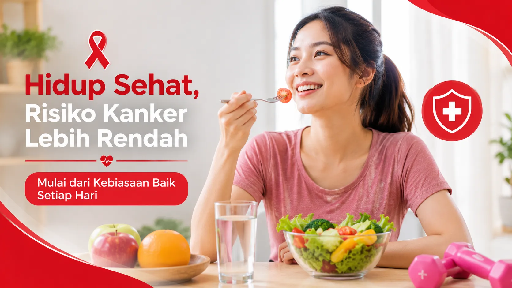 wanita menerapkan gaya hidup sehat dengan pola makan seimbang dan aktivitas fisik sebagai upaya mengurangi risiko kanker.