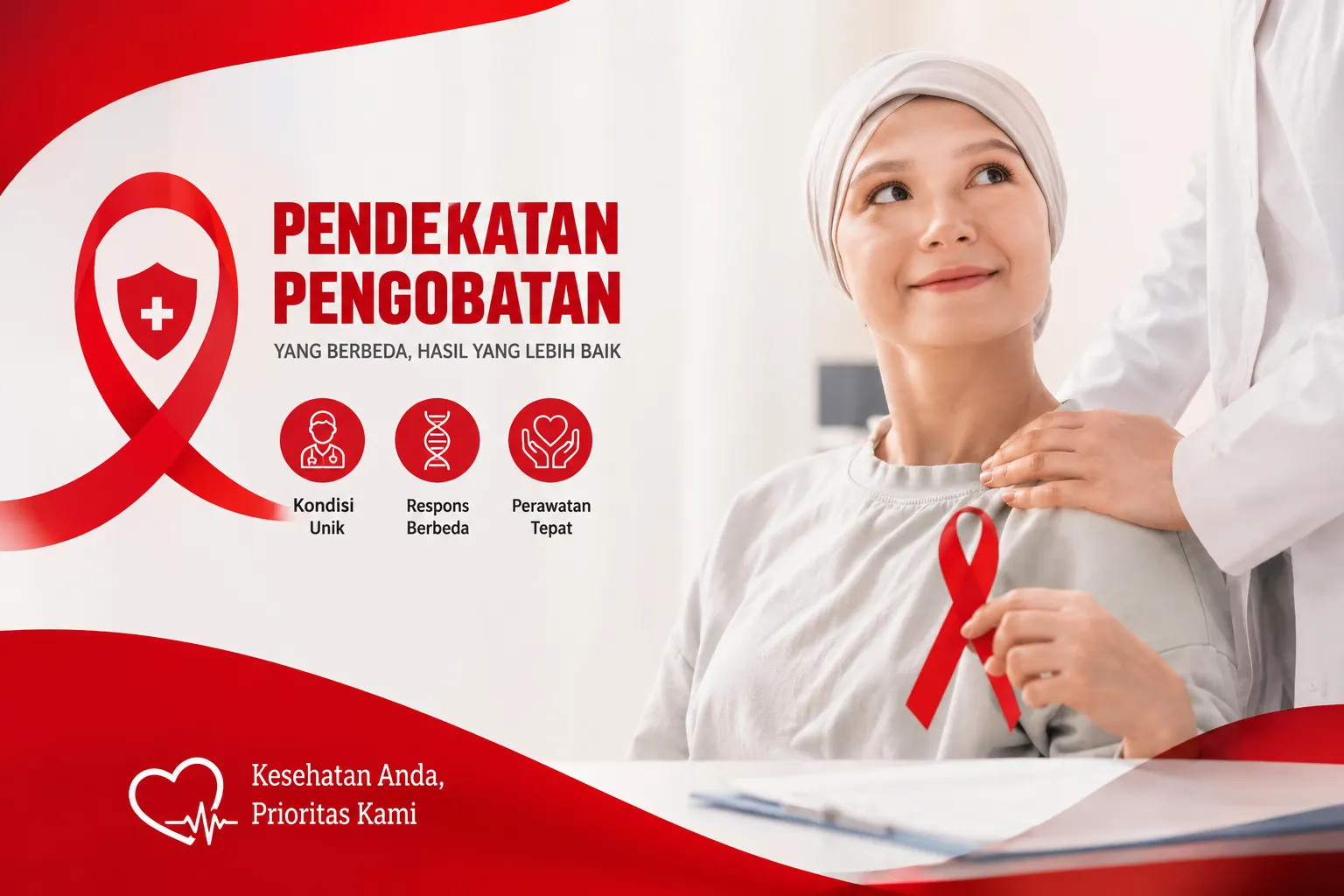 pengobatan kanker yang bersifat individual, menampilkan simbol pita kesadaran kanker, tenaga medis, dan dukungan perawatan yang disesuaikan dengan kondisi setiap pasien.