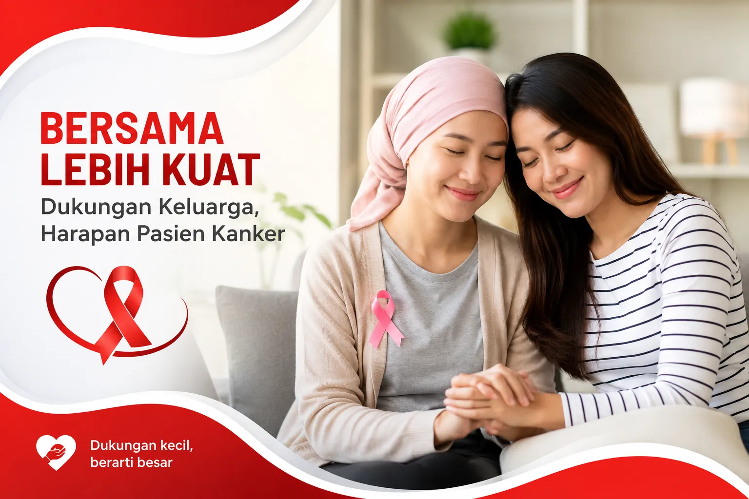 pasien kanker yang mendapatkan dukungan keluarga selama menjalani pengobatan dan proses pemulihan sebagai simbol pentingnya pendampingan emosional dan perawatan yang menyeluruh.