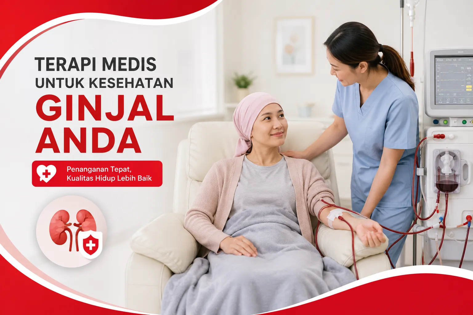 menjalani konsultasi dan terapi medis untuk membantu menangani kerusakan fungsi ginjal, dengan visual organ ginjal dan nuansa kesehatan yang menekankan pentingnya penanganan serta pemantauan fungsi ginjal secara berkala.