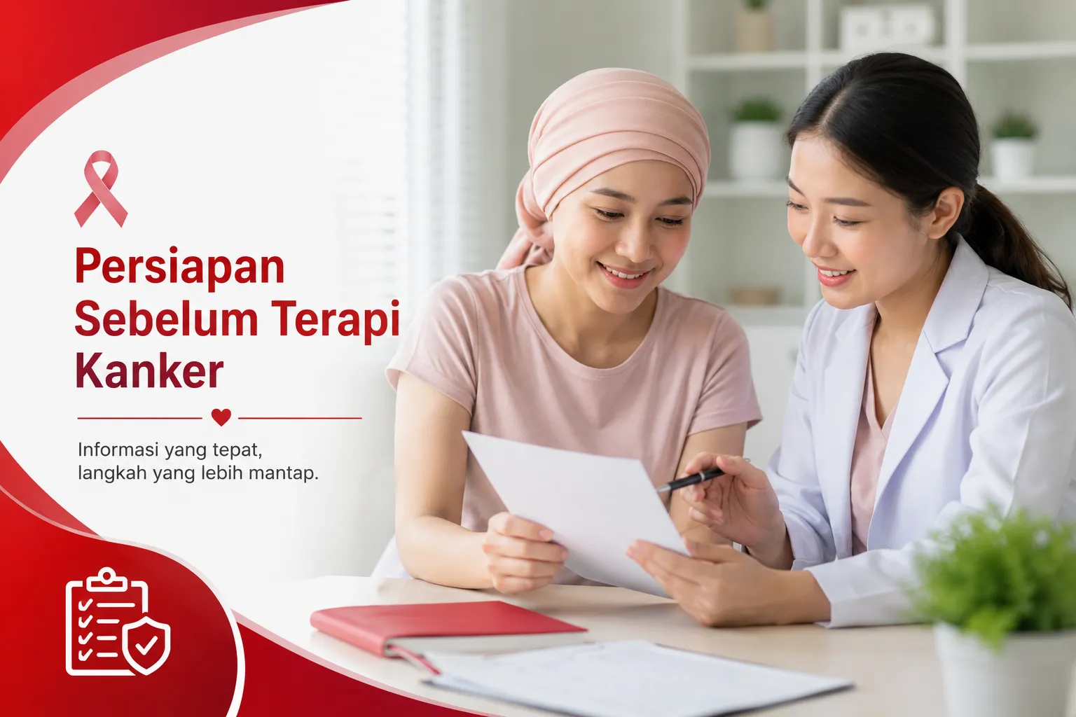 mempersiapkan terapi kanker dengan pendampingan tenaga medis dan dukungan keluarga, menggambarkan pentingnya kesiapan fisik serta emosional sebelum menjalani perawatan kanker.