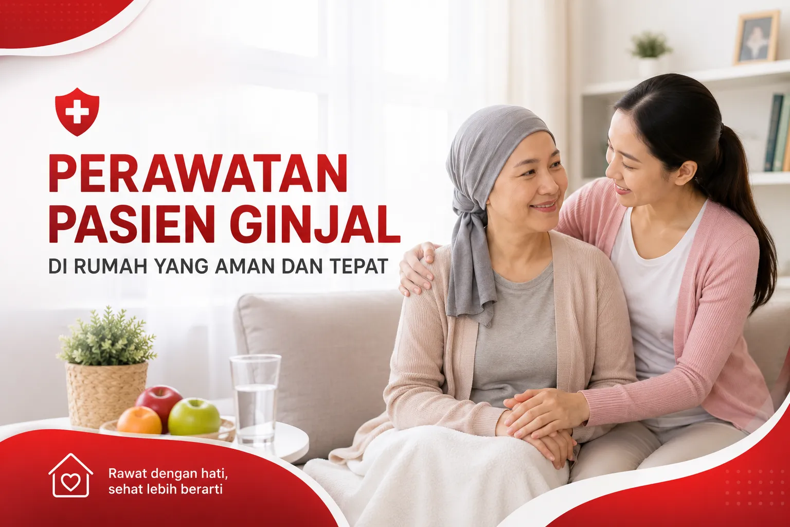 perawatan penyakit ginjal di rumah dengan pendampingan keluarga, menampilkan suasana hangat, sehat, dan nyaman sebagai simbol pentingnya perawatan yang aman dan tepat untuk menjaga kualitas hidup pasien ginjal.