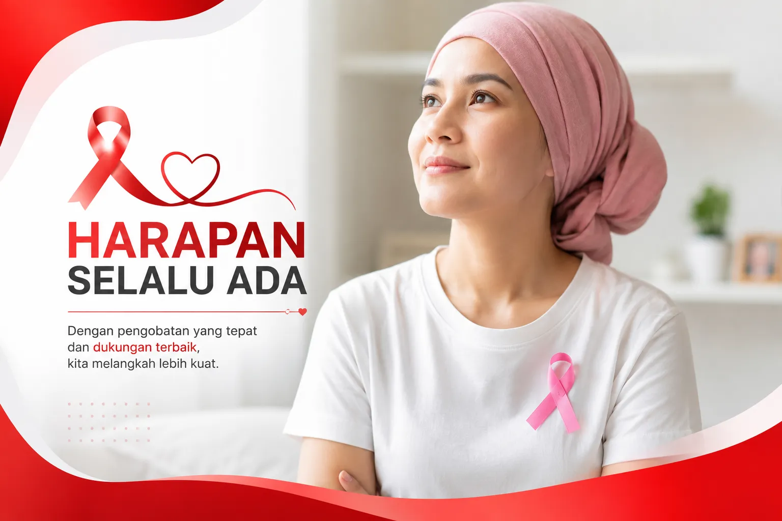 pengobatan kanker dengan ekspresi penuh harapan dan semangat pemulihan, didampingi simbol kepedulian kesehatan sebagai edukasi pentingnya deteksi dini dan penanganan kanker yang tepat.