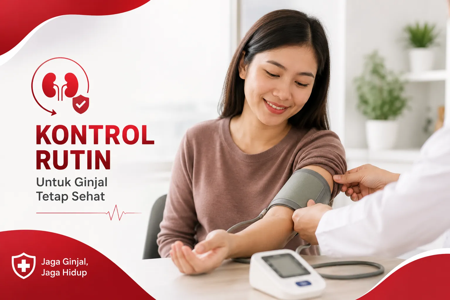 kontrol rutin kesehatan ginjal dengan nuansa merah putih yang merepresentasikan pentingnya pemantauan fungsi ginjal secara berkala untuk menjaga kualitas hidup.