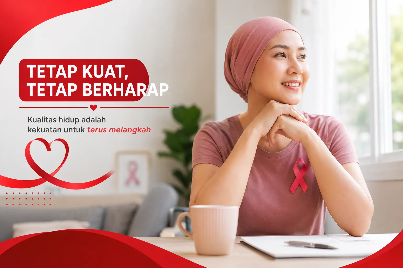 pengobatan kanker dengan ekspresi tenang dan penuh harapan, didampingi nuansa merah putih yang merepresentasikan semangat pemulihan, kualitas hidup yang baik, dan dukungan selama proses perawatan kanker.