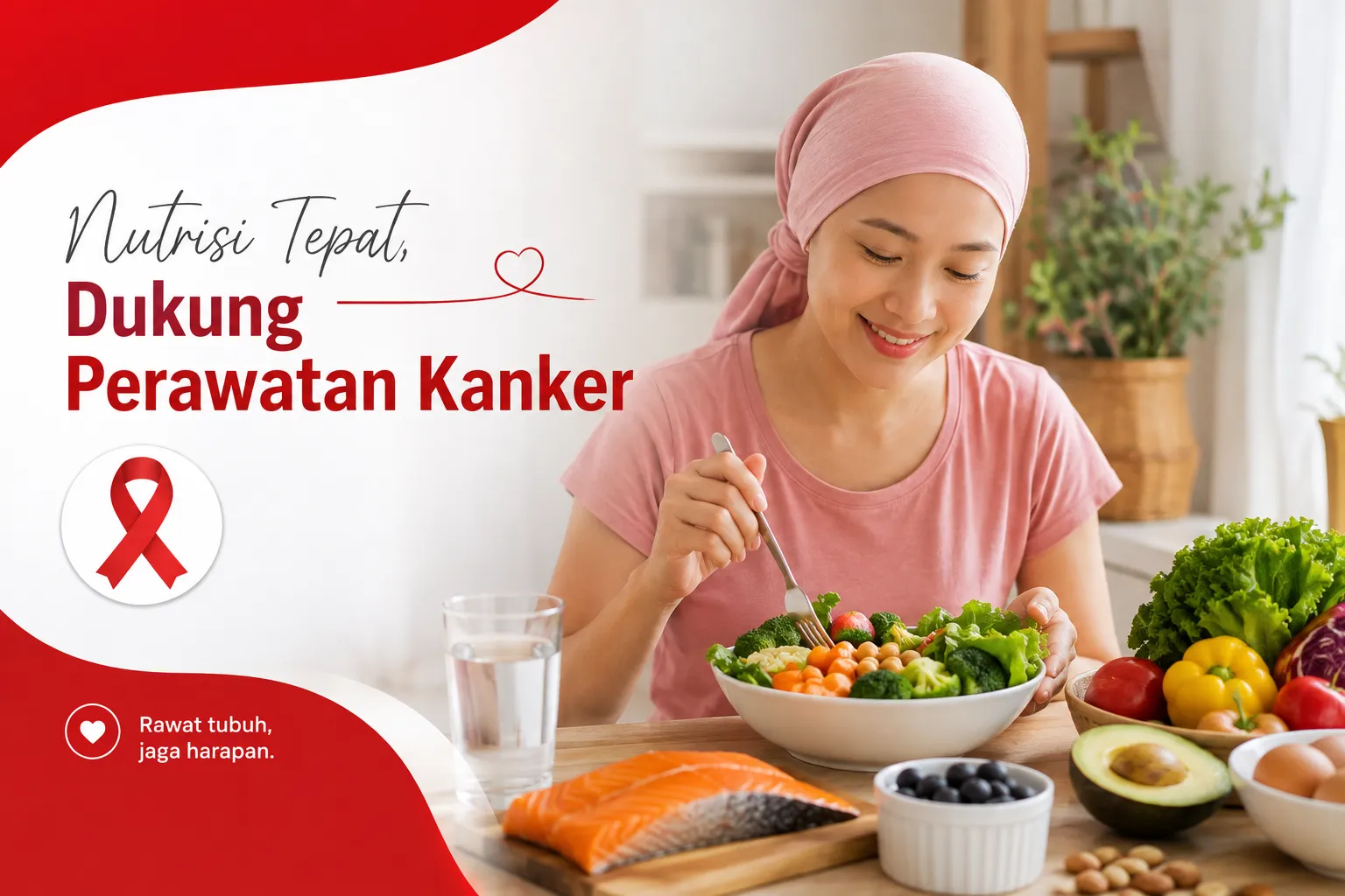 pengobatan kanker dengan pola makan bergizi seimbang, didampingi simbol sayuran, buah, dan pita kesadaran sebagai edukasi pentingnya nutrisi dalam mendukung proses pengobatan kanker.