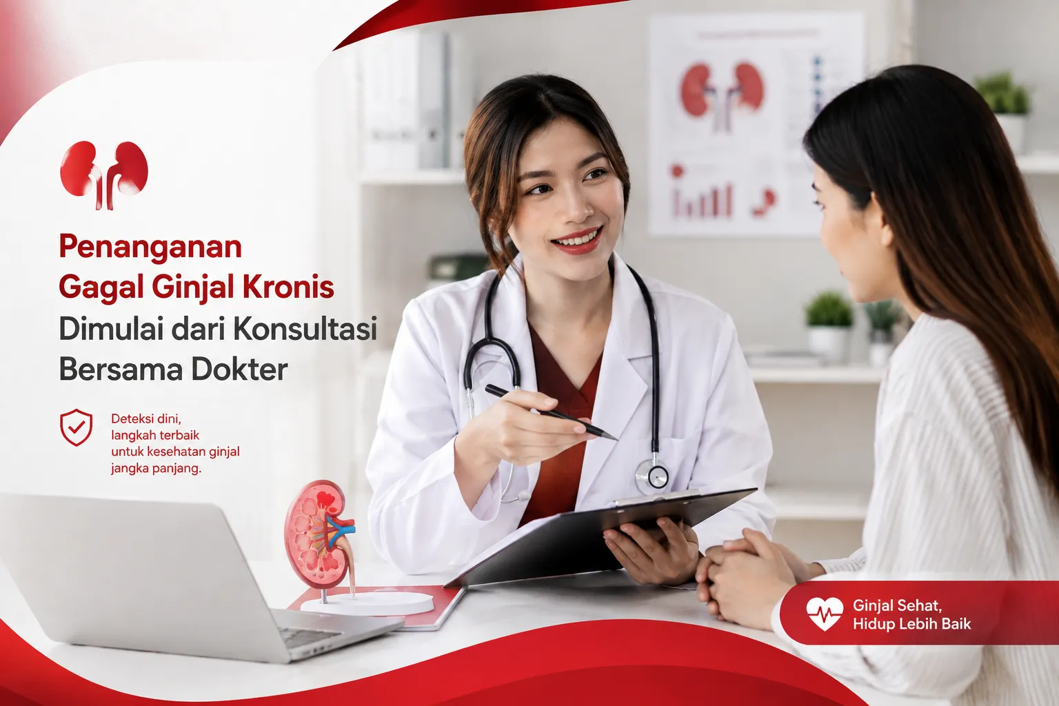 pasien gagal ginjal kronis dengan suasana profesional dan hangat, menggambarkan pentingnya pemeriksaan rutin, edukasi, dan pendampingan medis untuk menjaga fungsi ginjal.