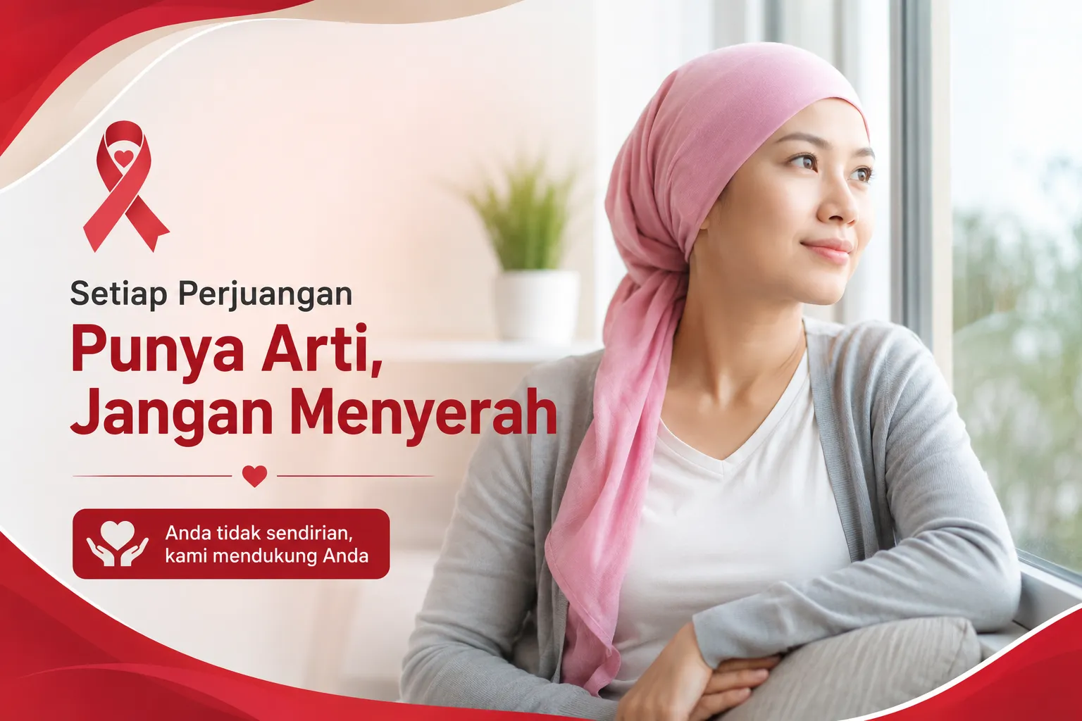 pasien kanker yang sedang menjalani pengobatan dengan ekspresi penuh harapan, menggambarkan tantangan fisik dan emosional selama proses perawatan serta pentingnya dukungan dari keluarga.