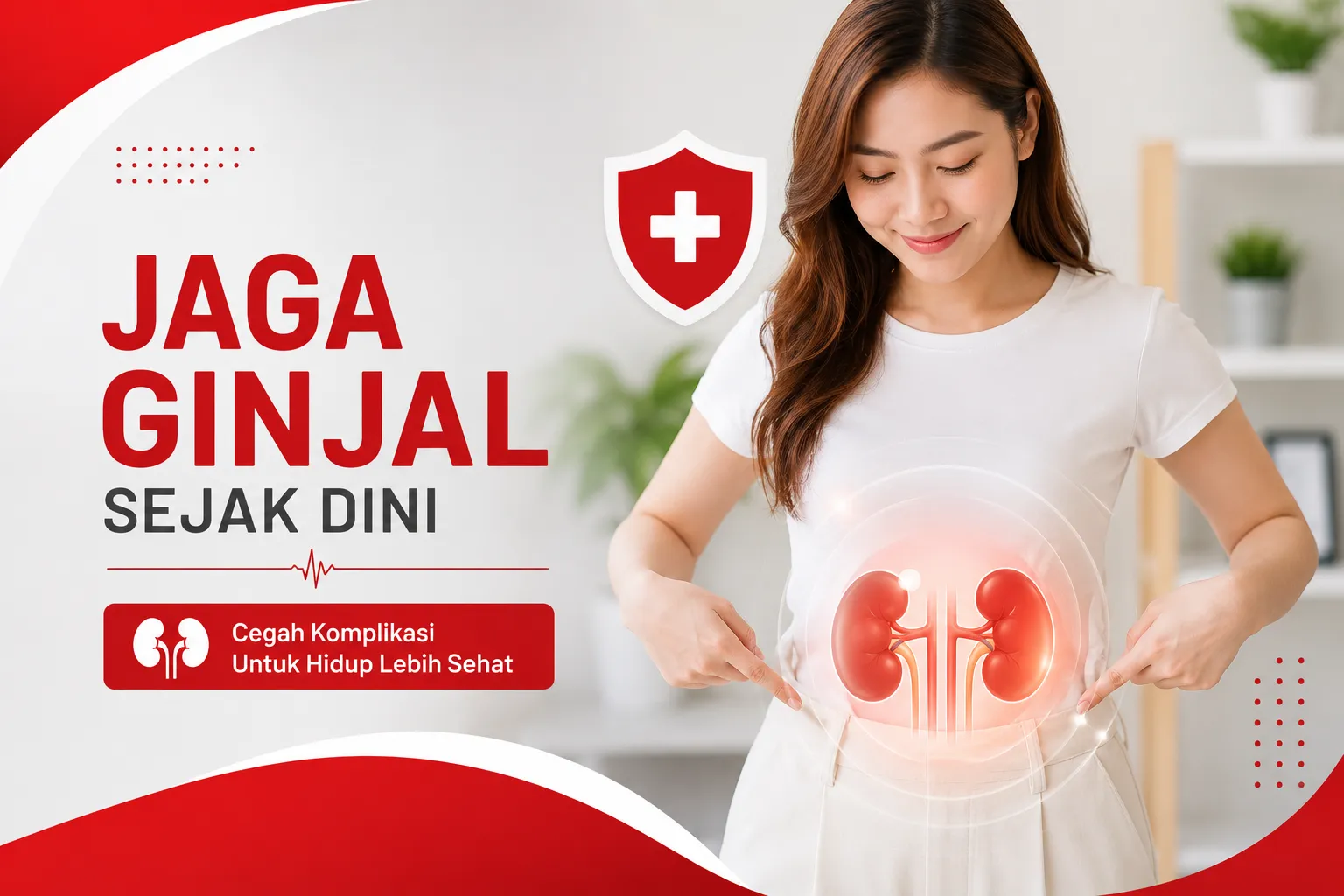 kesehatan ginjal dengan visual organ ginjal dan nuansa merah putih yang menggambarkan pentingnya penanganan dini penyakit ginjal untuk mencegah komplikasi.