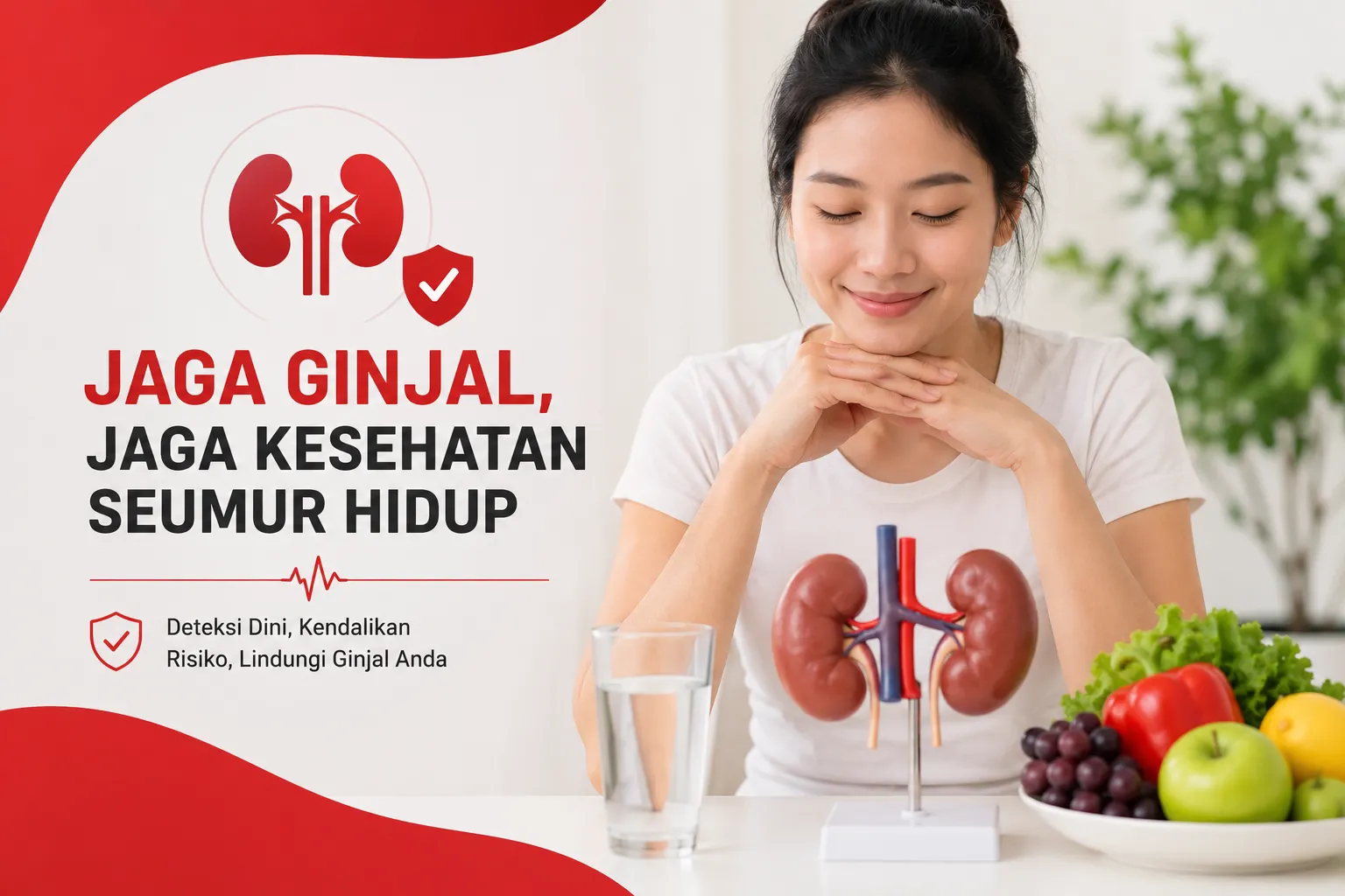mengenai kesehatan ginjal dengan visual organ ginjal dan tenaga medis, menggambarkan upaya menghambat perburukan fungsi ginjal melalui penanganan medis dan gaya hidup sehat.