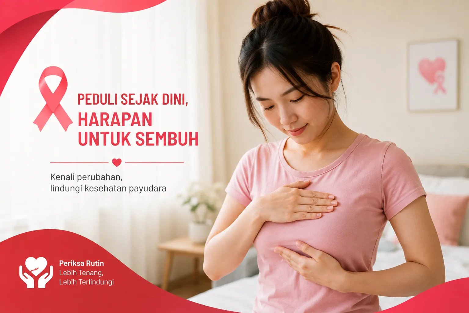 pemeriksaan payudara sendiri sebagai langkah deteksi dini kanker payudara stadium awal dengan nuansa merah putih yang merepresentasikan kepedulian terhadap kesehatan wanita.