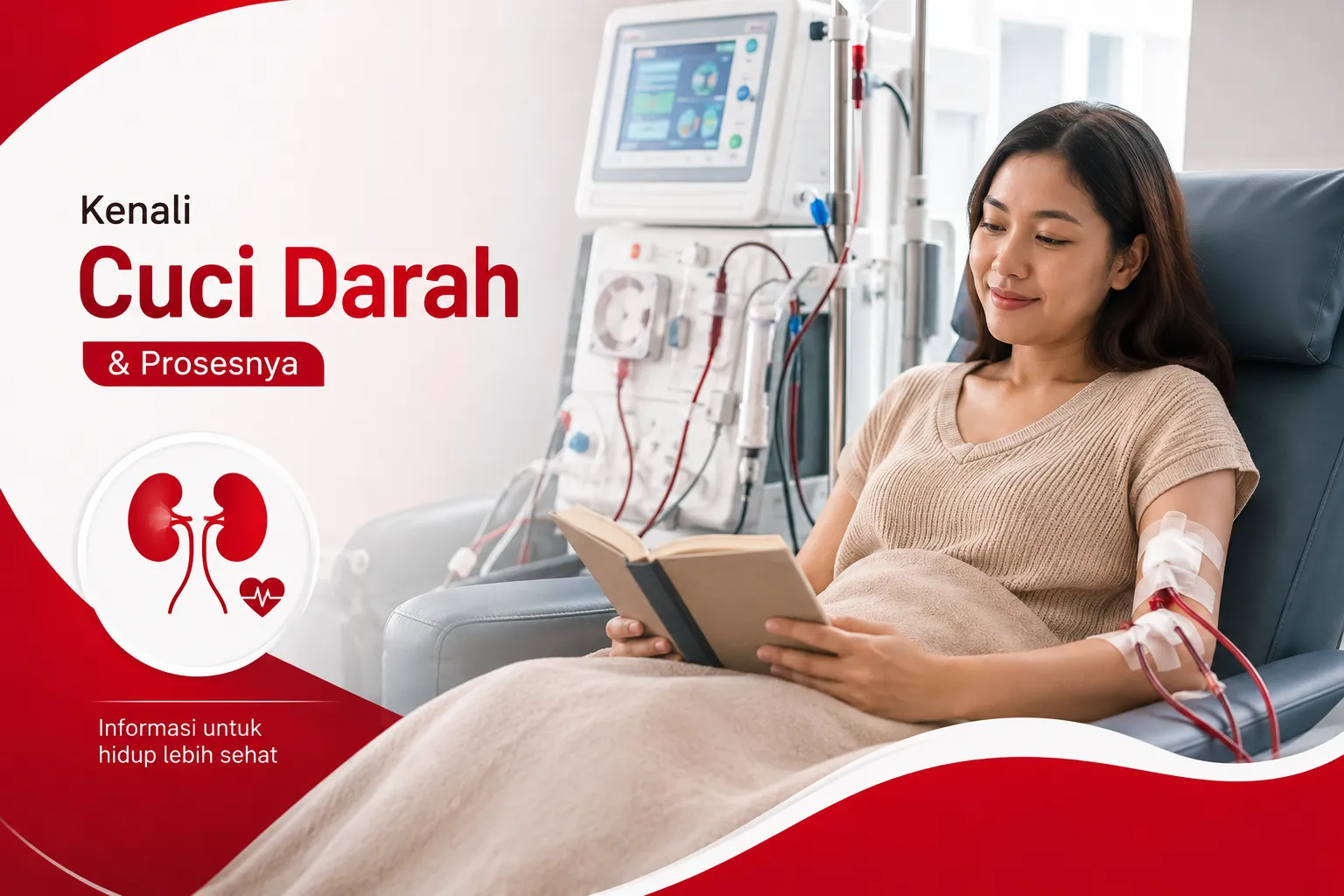 pasien sedang menjalani cuci darah (hemodialisis) dengan suasana ruang perawatan yang modern, didampingi tenaga medis, sebagai edukasi tentang proses hemodialisis dan perawatan penyakit ginjal.