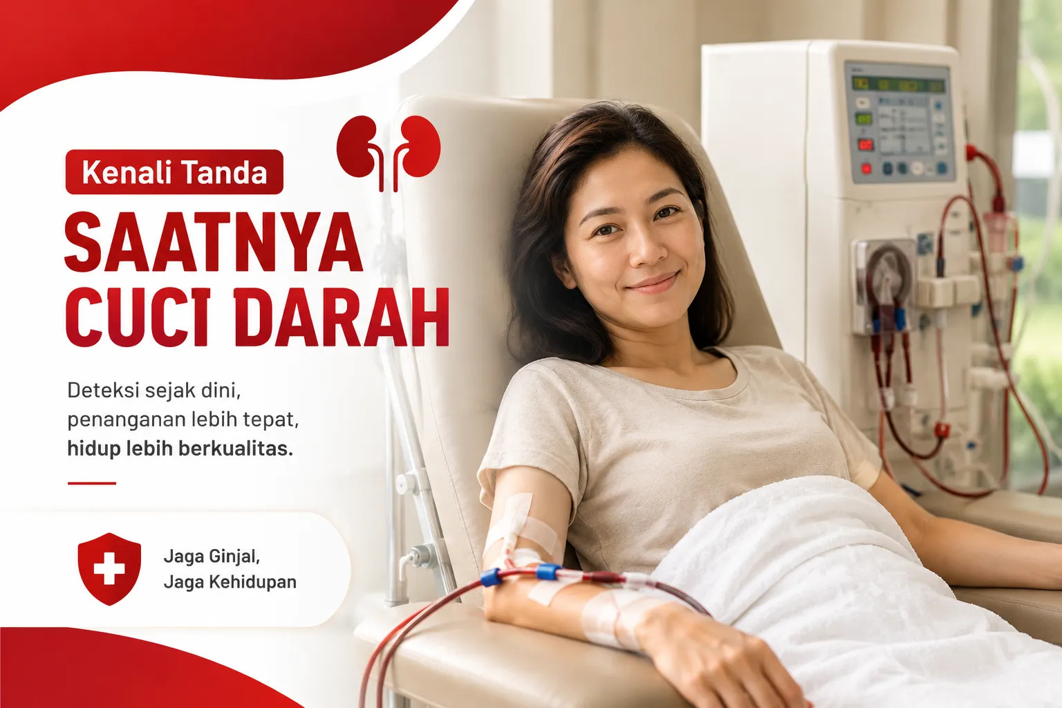 wanita sedang menjalani cuci darah (hemodialisis) di rumah sakit dengan mesin dialisis sebagai edukasi mengenai tanda-tanda pasien memerlukan terapi cuci darah.