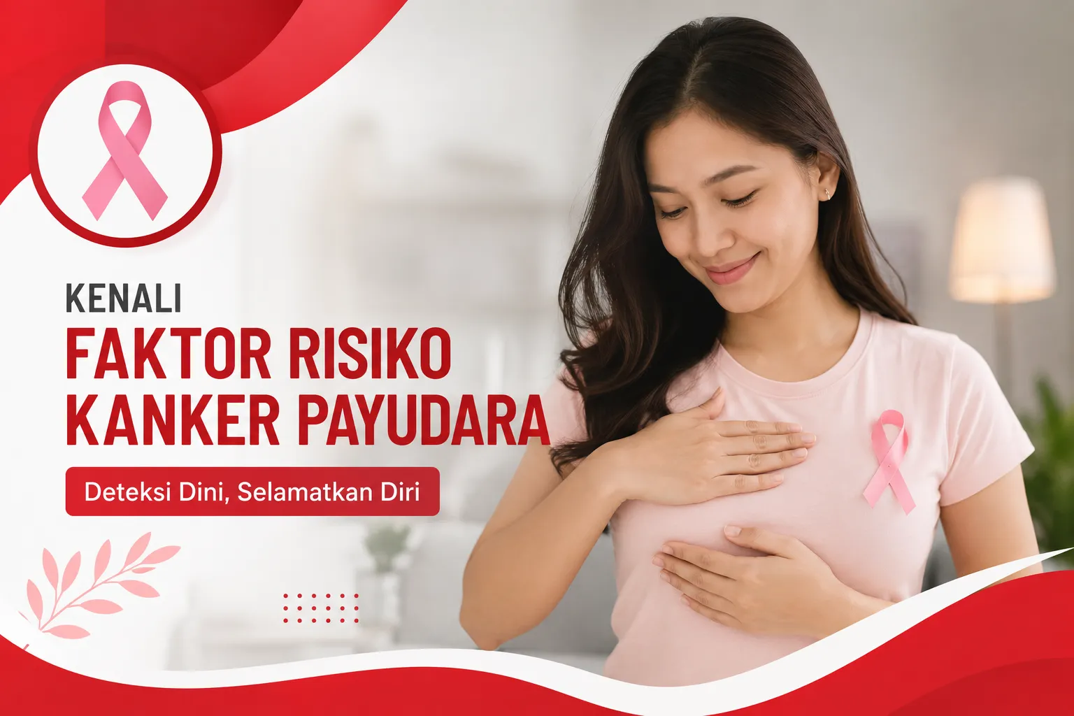 pemeriksaan payudara secara mandiri sebagai simbol edukasi mengenai faktor risiko kanker payudara, deteksi dini, dan pentingnya menjaga kesehatan payudara.