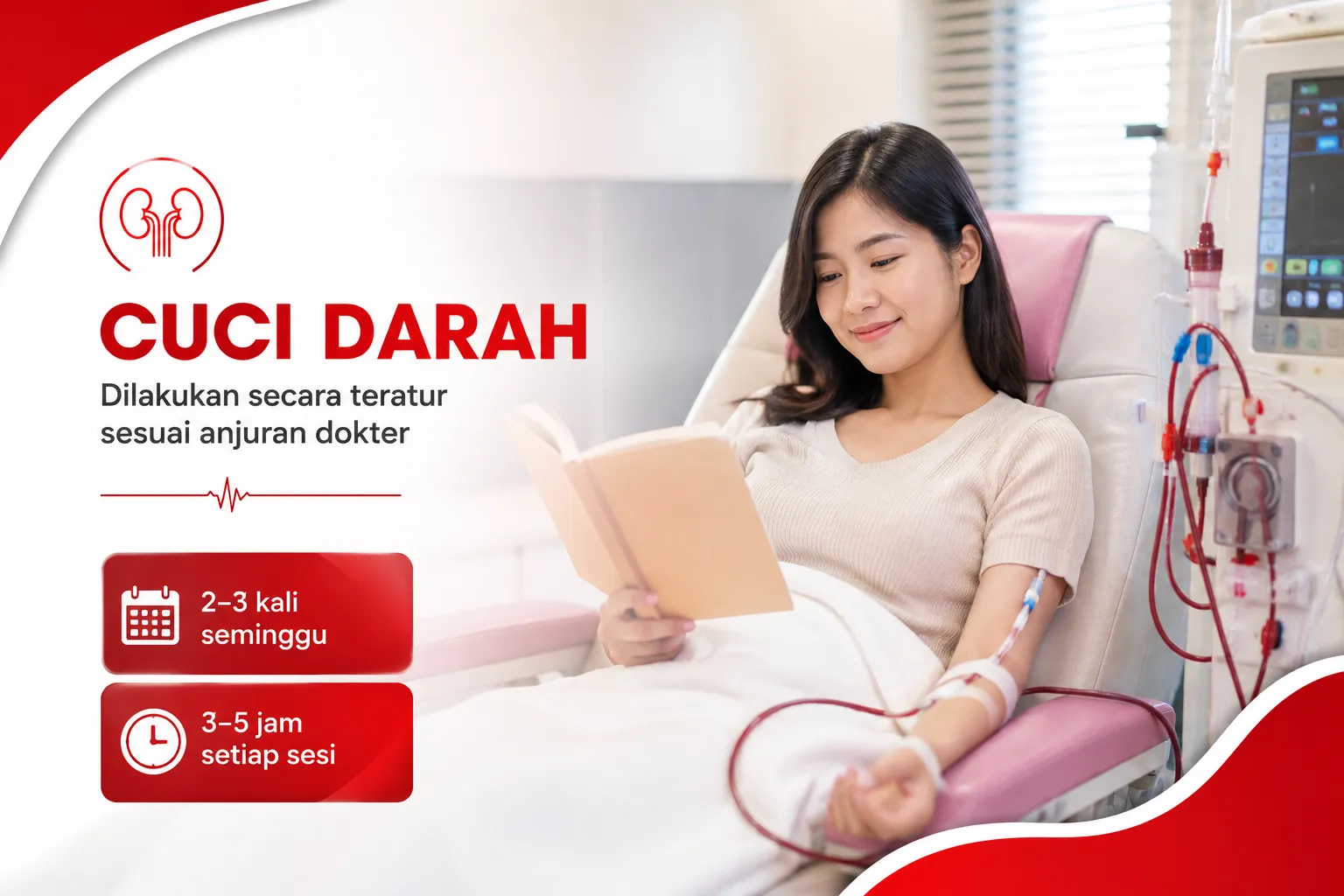 pasien menjalani prosedur cuci darah (hemodialisis) dengan suasana rumah sakit yang nyaman, didampingi tenaga medis, sebagai edukasi mengenai jadwal hemodialisis dan perawatan penyakit ginjal kronis.