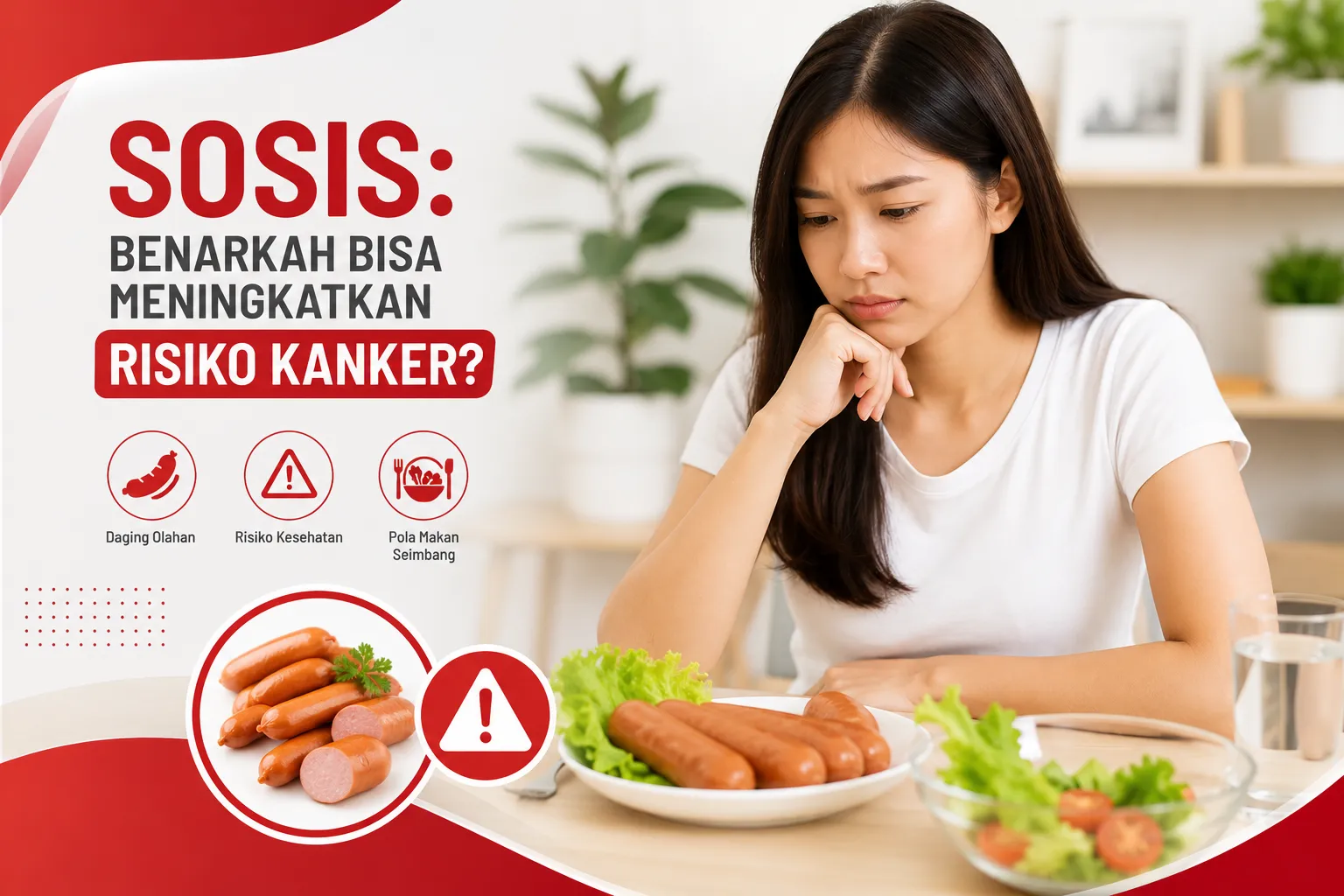 makanan sehat dengan sosis di atas meja sebagai edukasi mengenai hubungan konsumsi sosis, pola makan, dan risiko kanker.