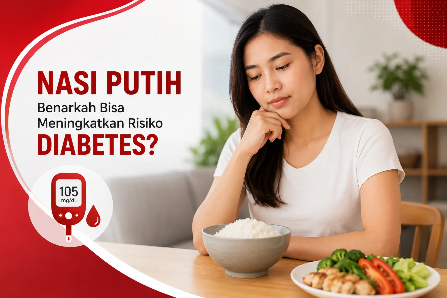 semangkuk nasi putih dengan pola makan sehat sebagai edukasi mengenai hubungan konsumsi nasi putih dan risiko diabetes.