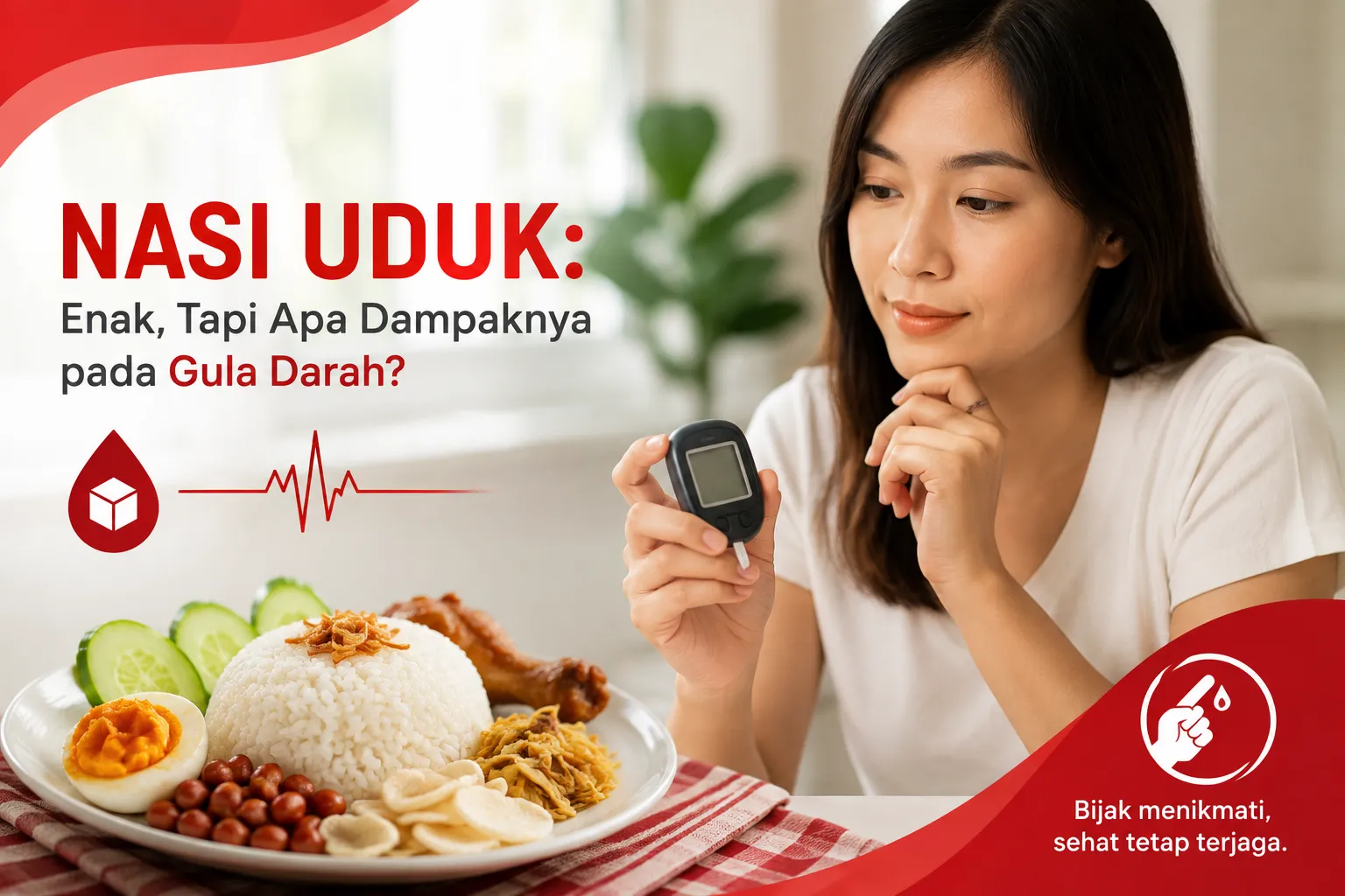 wanita menikmati nasi uduk sambil memperhatikan kadar gula darah sebagai edukasi mengenai pengaruh nasi uduk terhadap kadar gula darah dan pola makan sehat.