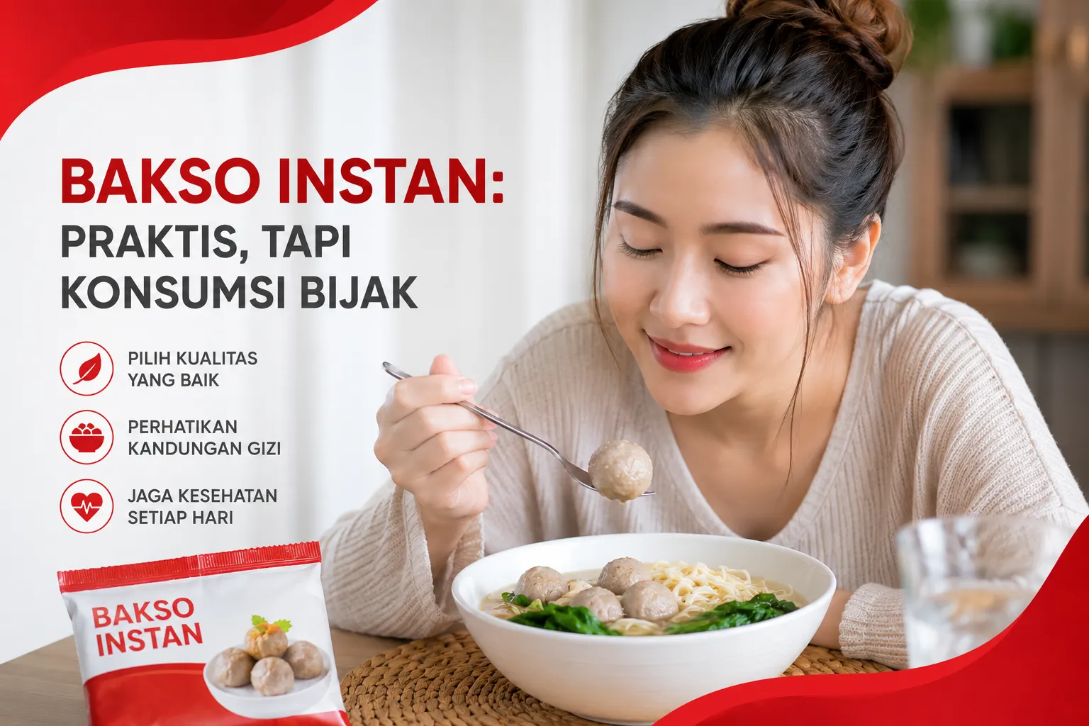 menikmati semangkuk bakso instan dengan tampilan makanan yang menggugah selera sebagai edukasi tentang keamanan konsumsi bakso instan dan pentingnya pola makan yang seimbang.