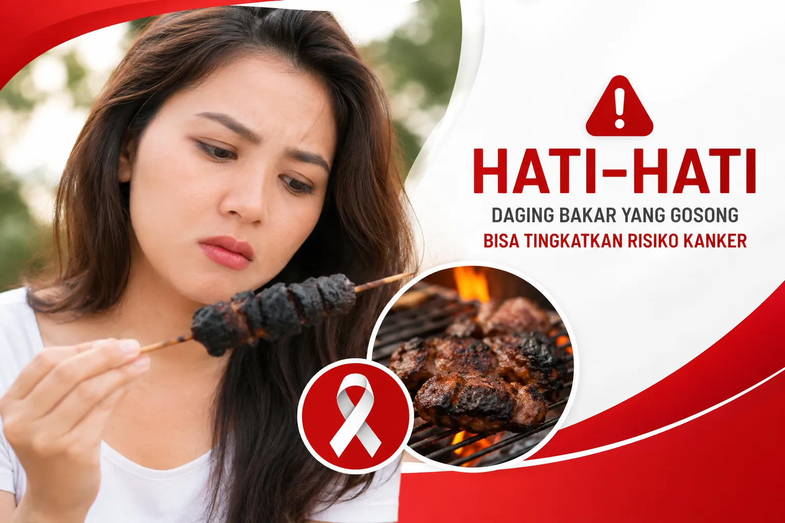 daging bakar yang gosong sebagai edukasi mengenai risiko pembentukan senyawa berbahaya akibat proses pembakaran berlebihan dan kaitannya dengan risiko kanker.
