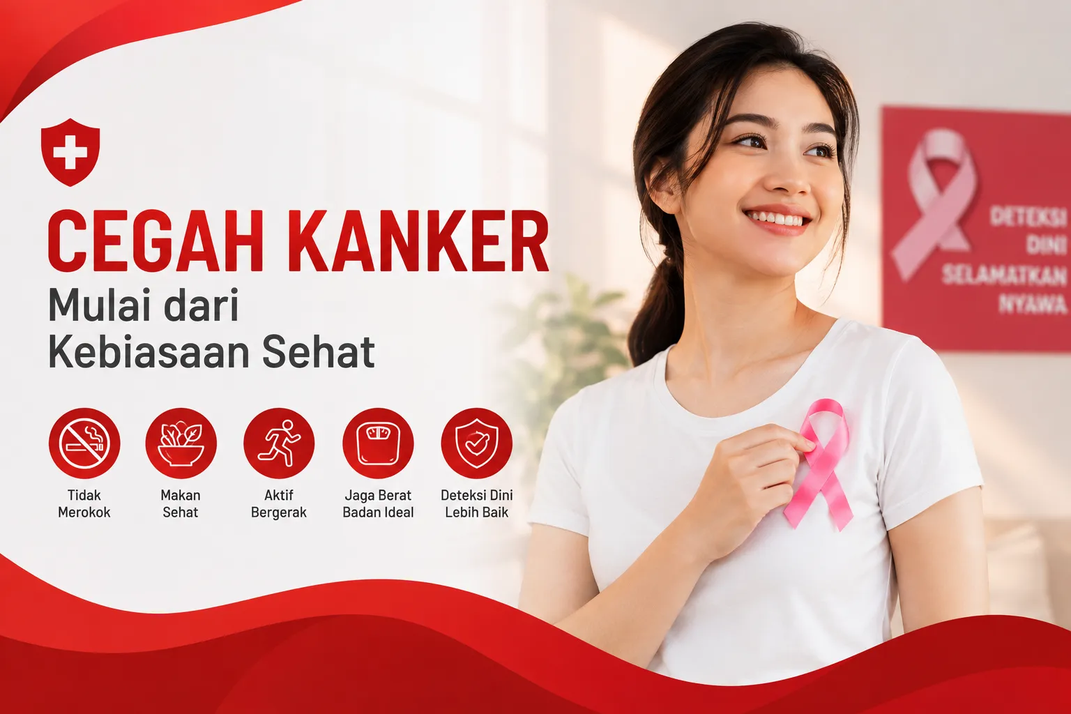 kesehatan untuk mencegah kanker melalui pola hidup sehat dan deteksi dini dengan nuansa merah putih.