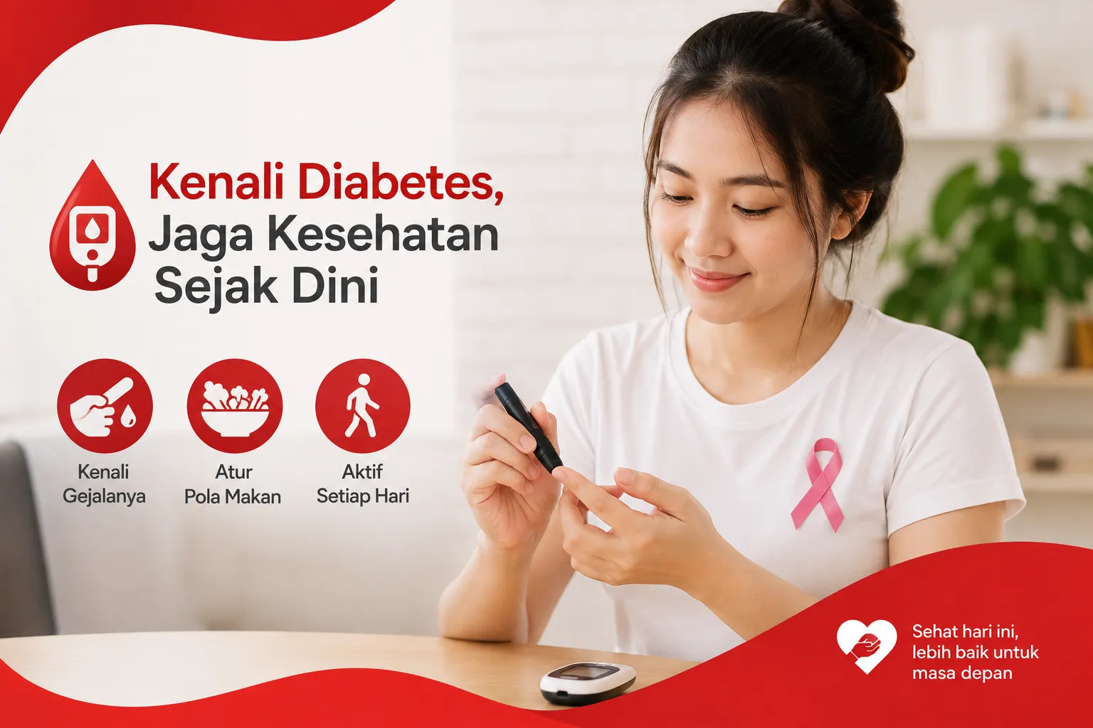 adar gula darah untuk mengenali diabetes, dengan nuansa merah putih sebagai edukasi tentang gejala, penyebab, dan pencegahan diabetes.