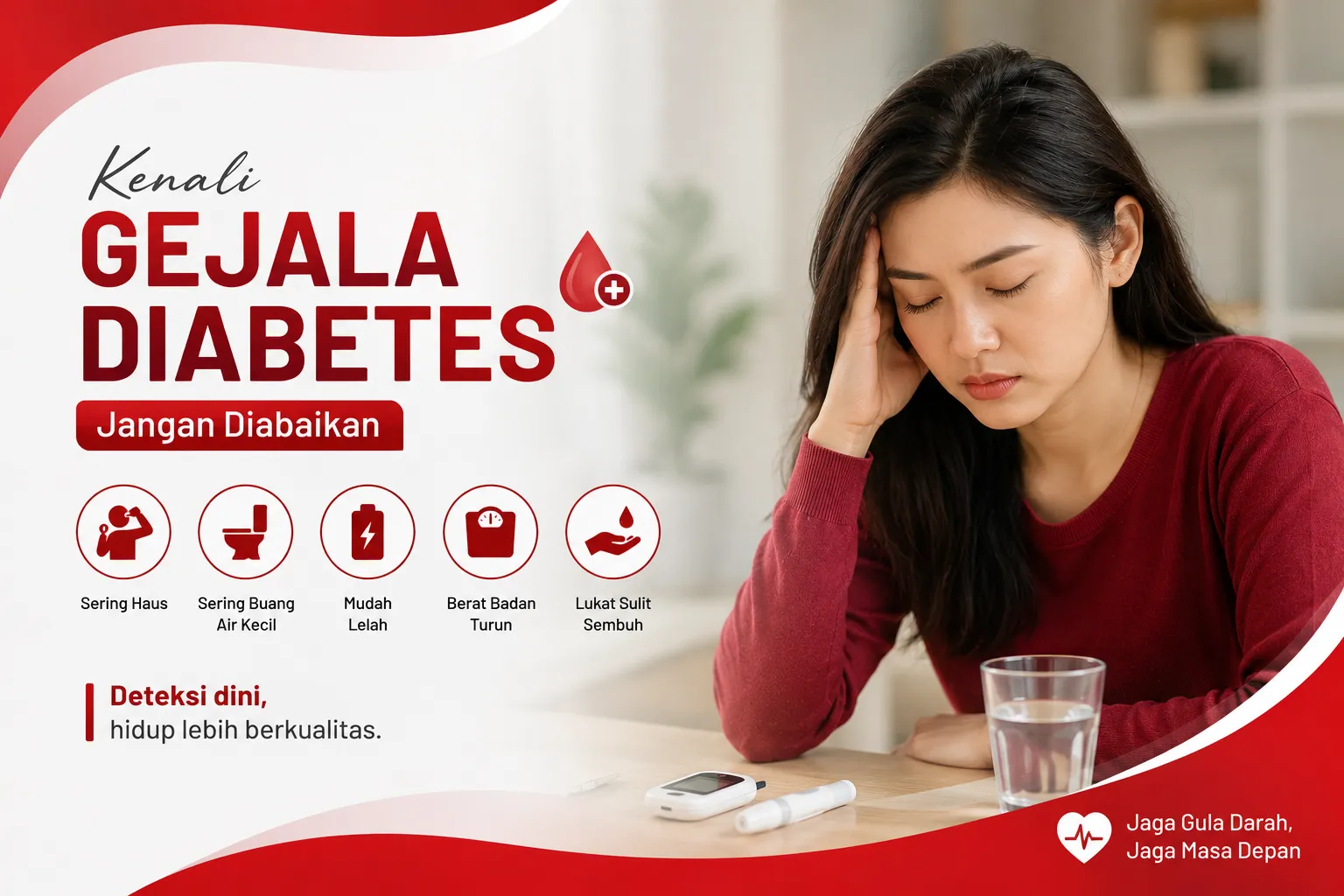 gejala diabetes yang sering tidak disadari pada wanita dengan konsep edukasi kesehatan, pemeriksaan gula darah, dan pencegahan diabetes.