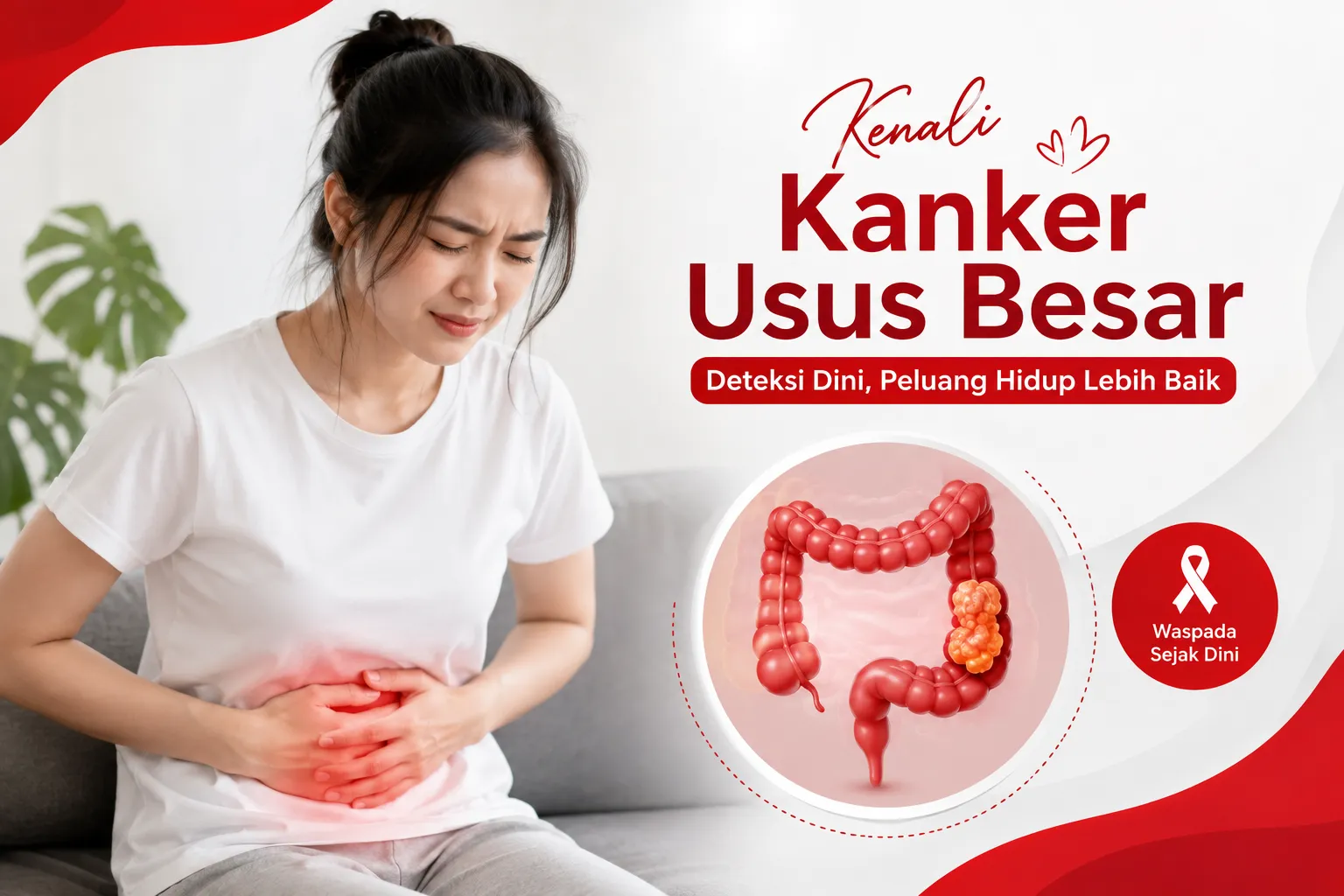 keluhan nyeri perut dan gambaran kanker usus besar untuk edukasi tentang gejala serta pentingnya deteksi dini kanker kolorektal.