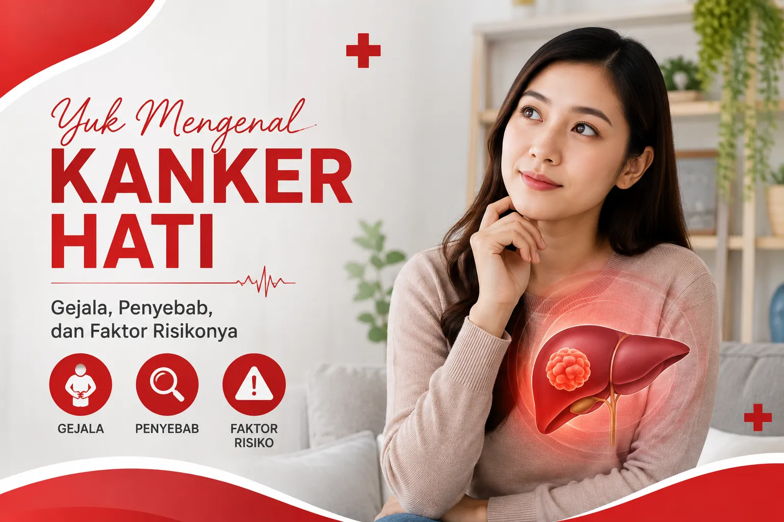 kanker hati dengan gambaran organ hati, gejala, penyebab, dan faktor risiko kanker hati untuk edukasi kesehatan.