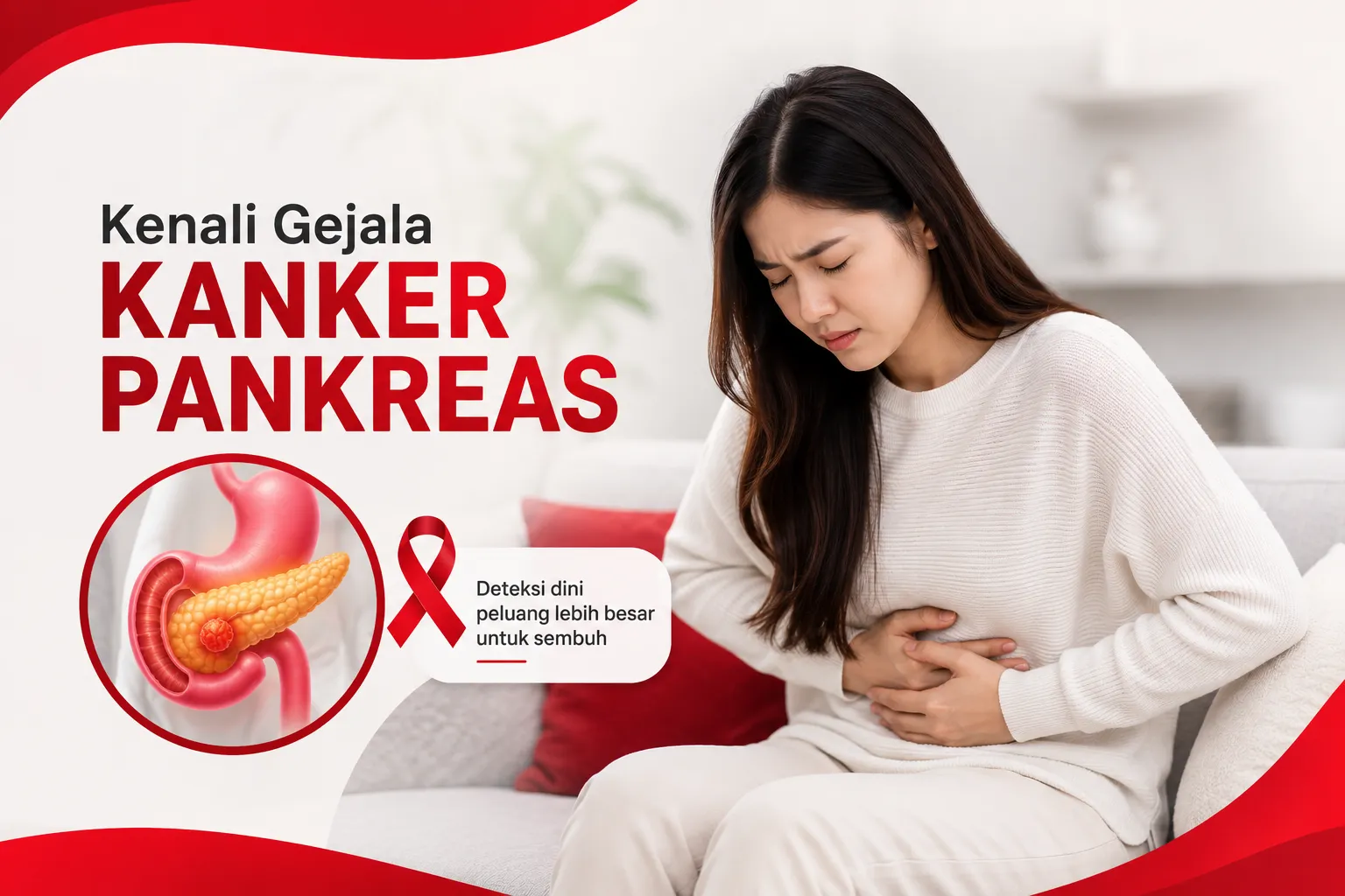 nyeri perut sebagai gambaran gejala kanker pankreas, dilengkapi ilustrasi organ pankreas dan edukasi deteksi dini dengan nuansa merah putih.