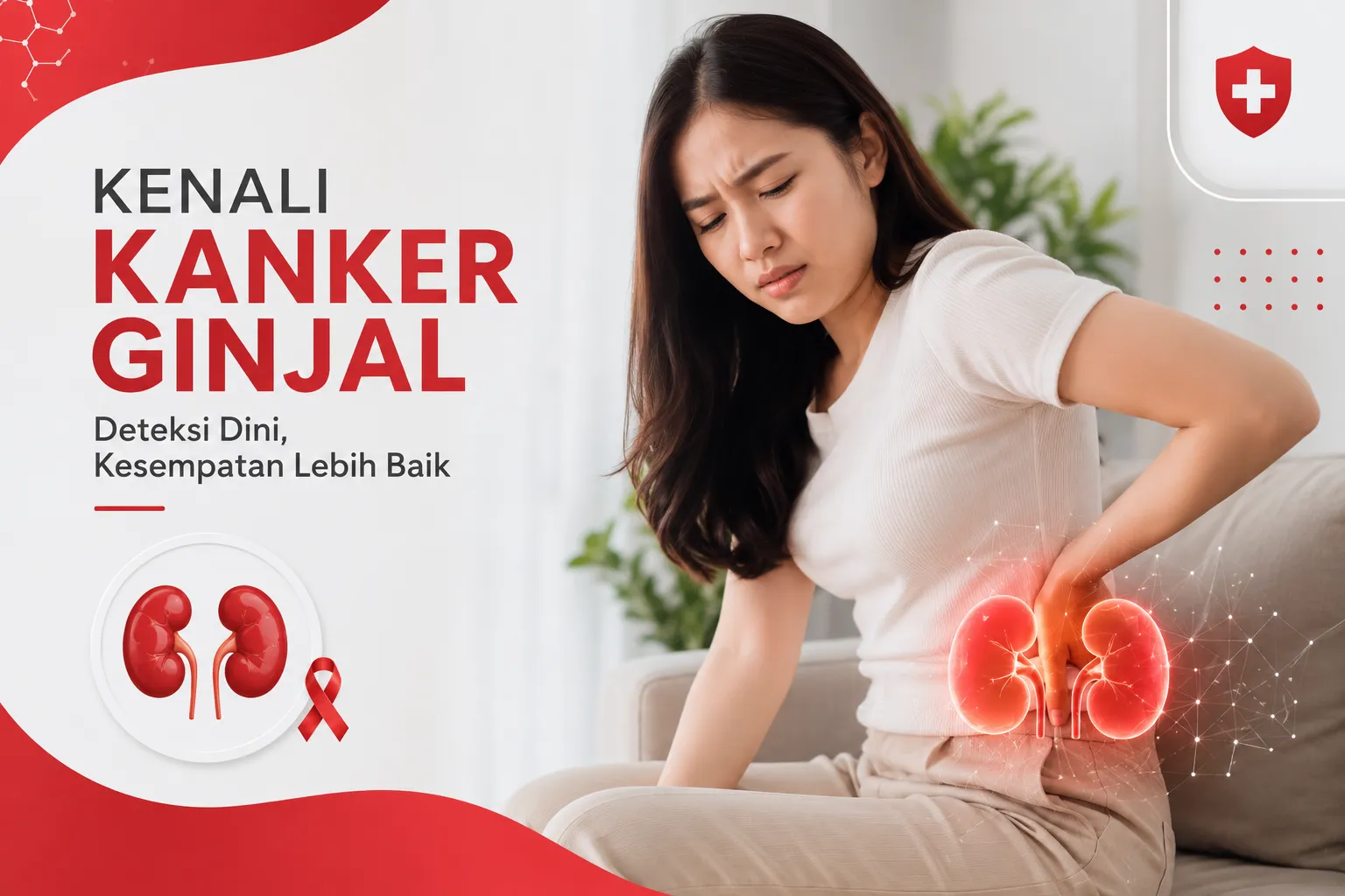nyeri area pinggang dan visual organ ginjal untuk edukasi tentang gejala, penyebab, dan faktor risiko kanker ginjal.
